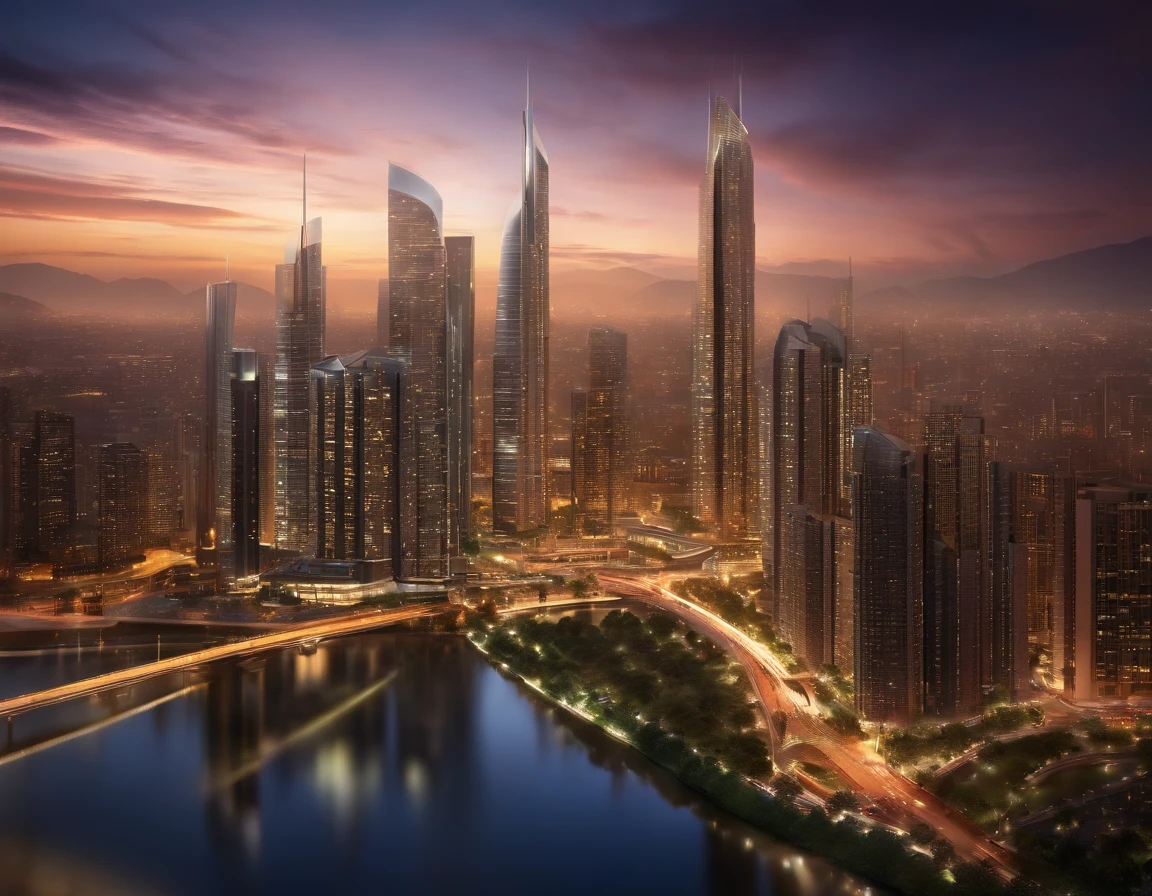(best quality,4k,8k,highres,masterpiece:1.2),ultra-detailed,(realistic,photorealistic,photo-realistic:1.37),futuristic city,sunset illumination,city skyline, vibrant colors,skyscrapers,glowing lights,advanced technology,hovering satellites,aircrafts flying,modern architecture,floating transportation,sophisticated design,lively atmosphere,urban metropolis,efficiency and functionality,elegance and innovation,harmony and balance,streets filled with people,traffic flows smoothly,smoothly flowing river,reflection of lights on the water's surface,serenity and tranquility,majestic sunset,orange and purple hues,fading rays of the sun,gradient of warm colors,gradual transition from day to night,welcoming and inviting ambience,optimistic and bright future,emerging technologies,diverse community,interconnected networks,advancements in sustainable energy,energy-efficient buildings,360-degree panoramic view,Eco-friendly infrastructure,holographic displays,smart city features,seamless integration of nature and technology,inspiring and creative environment,dynamic and ever-evolving urban landscape,futuristic transportation systems,massive aerial terminals,innovative residential areas,skyscraping towers of progress,constantly changing skyline,dynamic patterns of light and shadow,city of dreams and endless possibilities,enchanted by the beauty of the city,imagination taking flight amidst the cityscape,an escape into the future.