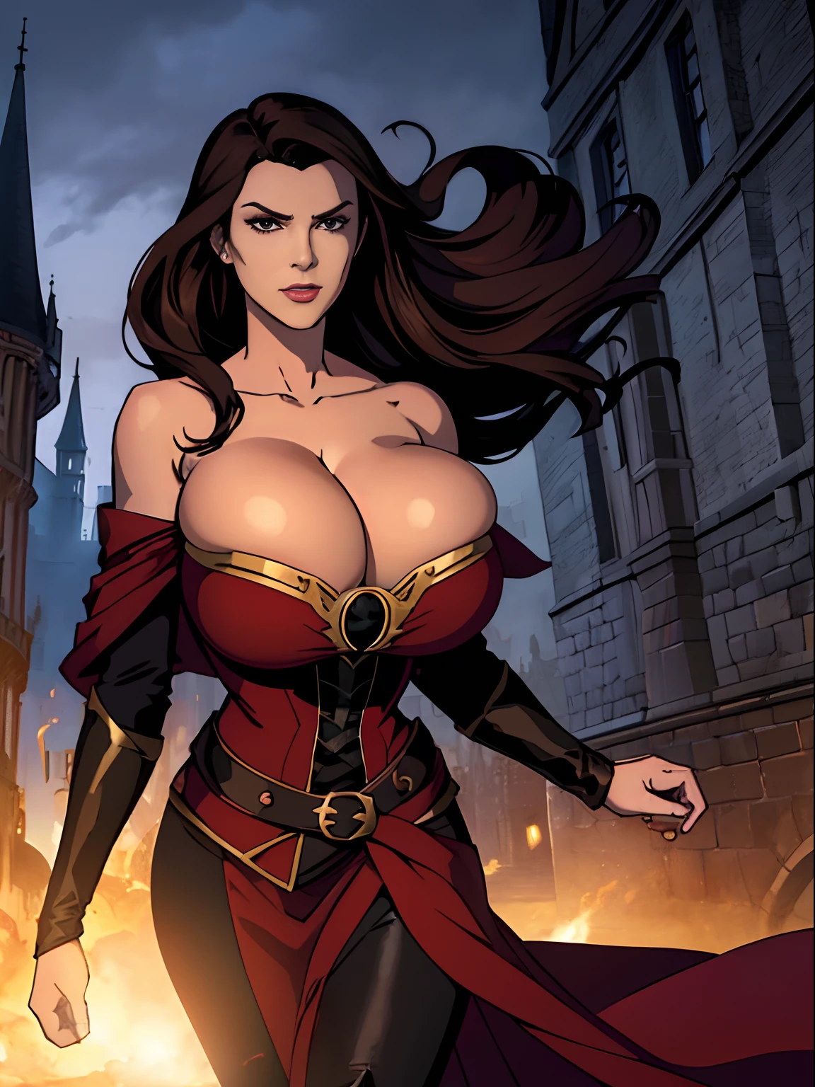 (masterpiece, top quality, best quality, official art, beautiful and aesthetic:1.2), (1girl:1.3), long and curly dark brown hair, extremely detailed, portrait, looking at viewer, solo, (full body:0.6), detailed background, close up, mischievous eyes, (warm summer castle theme:1.1), sorceress, charlatan, smirk, mysterious, walking in courtyard, revealing ((dark red)) sorcerer attire, red knee-length red skirt, off shoulder, straps, long sleeves, loose sleeves, cloak, corset, black leggings, black trousers, black pants, long brown boots, buckles, straps, pouches, (glowing magical energy, casting a spell), red fabric, white trim, ((((gigantic breasts, cleavage, skindentation)))), slim waist, slim hips, long legs, medieval (castle exterior:1.1) background, dark mysterious lighting, shadows, magical atmosphere, dutch angle