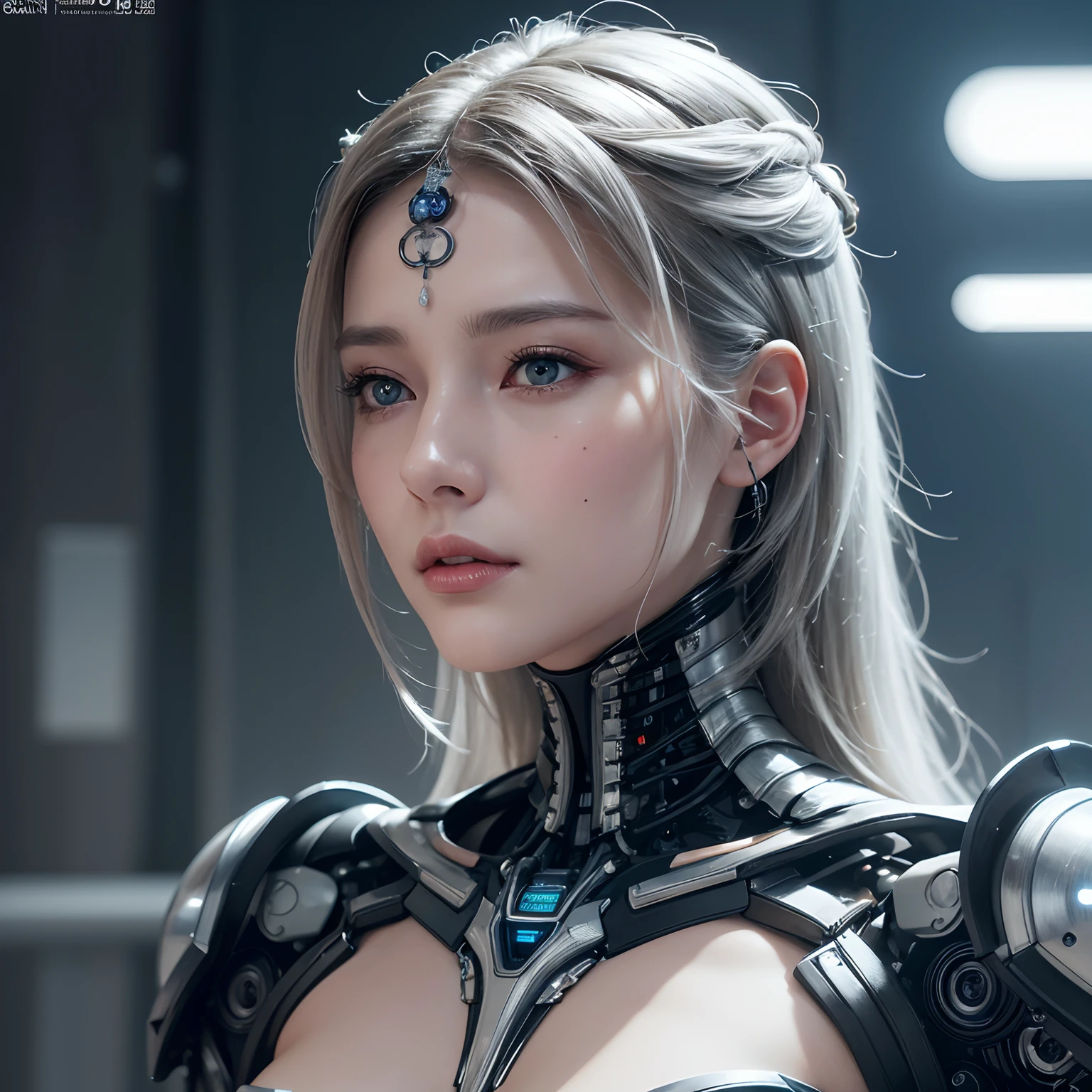masterpiece,best quality,high resolution,8k,(Portrait Photos:1.5),(R Original Photo),real picture,Digital Photography,(A fusion of cyberpunk and fantasy),(Female Soldiers),20 year old girl,Feel free to hairstyle,white hair,Purple Eyes,By Bangs,(red eye breasts, Accessories,shut your mouth,Elegant and charming,Serious and arrogant,Calm and handsome,(Combination of cyberpunk and fantasy style clothing,Hollow carving design,Large Breasts,Combined Armor,Photo poses,Realistic style,oc render reflection texture,sentry,futuristic city,Medium distance photography