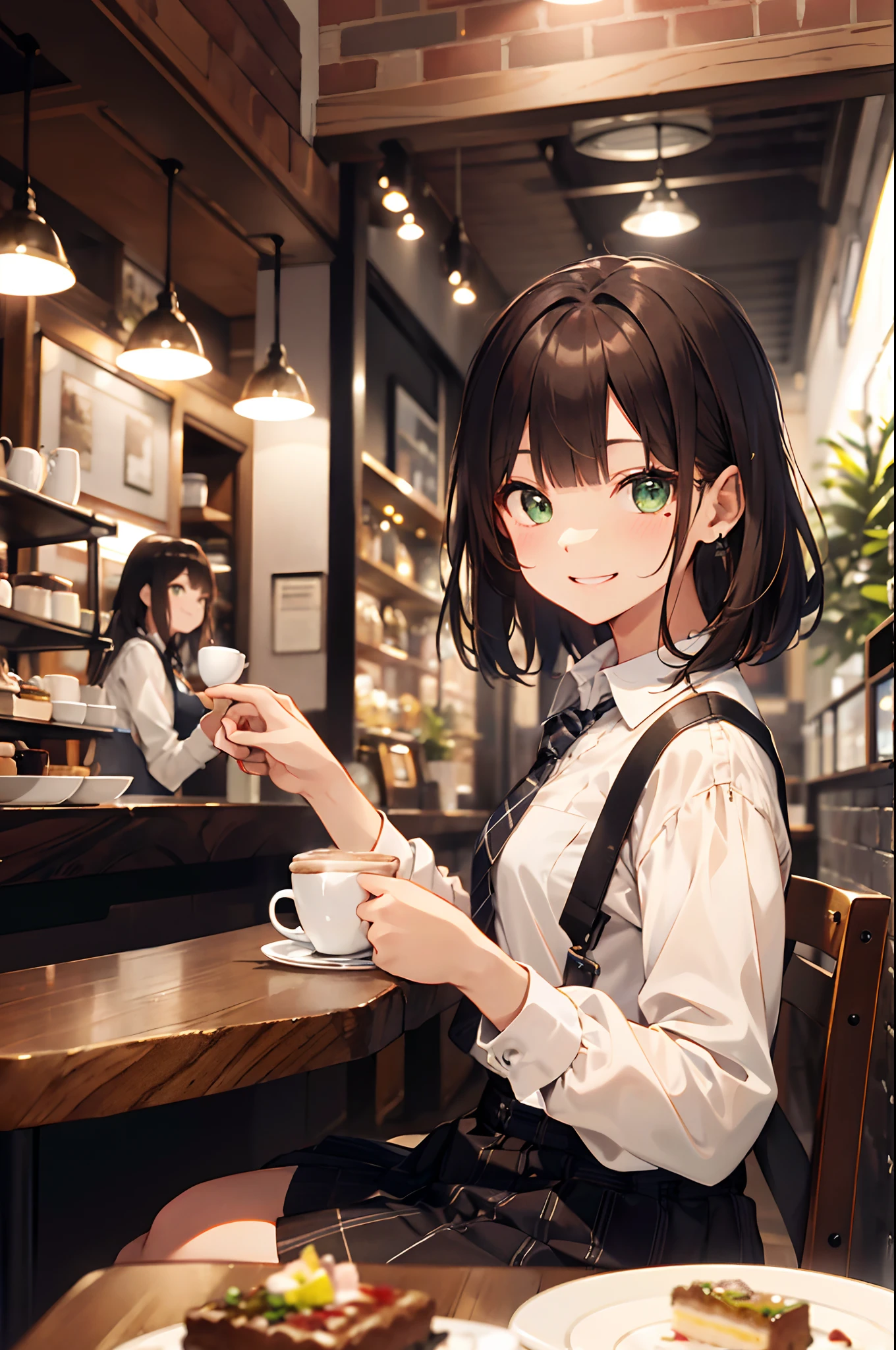 (top-quality、in 8K、32K、​masterpiece、nffsw、超A high resolution、Impresionismo、Photorealsitic:1.2)、cowboy  shot、foco nítido、detailed faces and eyes、(There is a plate of cake and coffee on the table, cafes, sitting on a mocha-colored table, dessert, Miniature Cafe Diorama, diner caffee, in coffee shop, cozy cafe background, enjoying coffee at a coffee shop, sitting in a cafe,  shot with sony alpha 1 camera, by Maki Haku)、Sharp pupils、Realistic pupils、beauitful face、18 year old beautiful girl、shinny skin、Medium Short、Beautiful dark brown hair、Blunt bangs、Green-eyed eyes、Shirt、neck tie、Plaid miniskirt、Black socks、Put your right hand on your cheek、(looking happy smile:1.2)、Mel Kishida