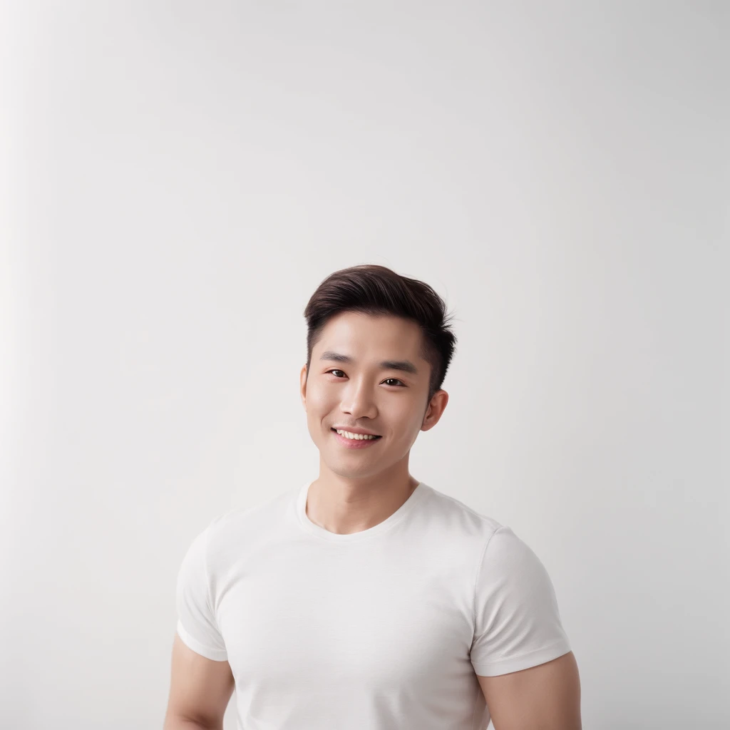 (Photo: 1.3) af (Realistic: 1.3), East Asian men, Soft light, Clear face, Front, ((White T-shirt)), cheerful big breasts, Warm light, ((Off-white gradient background)), Smile, (Background)) ,Black medium long hair,Handsome,28 years old