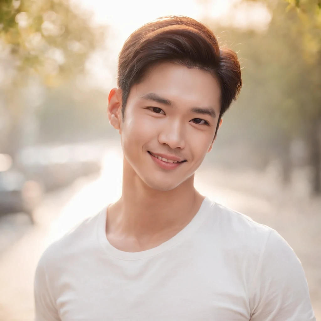 (Photo: 1.3) af (Realistic: 1.3), East Asian men, Soft light, Clear face, Front, ((White T-shirt)), cheerful big breasts, Warm light, ((Off-white gradient background)), Smile, (Background)) ,Black medium long hair,Handsome,28 years old