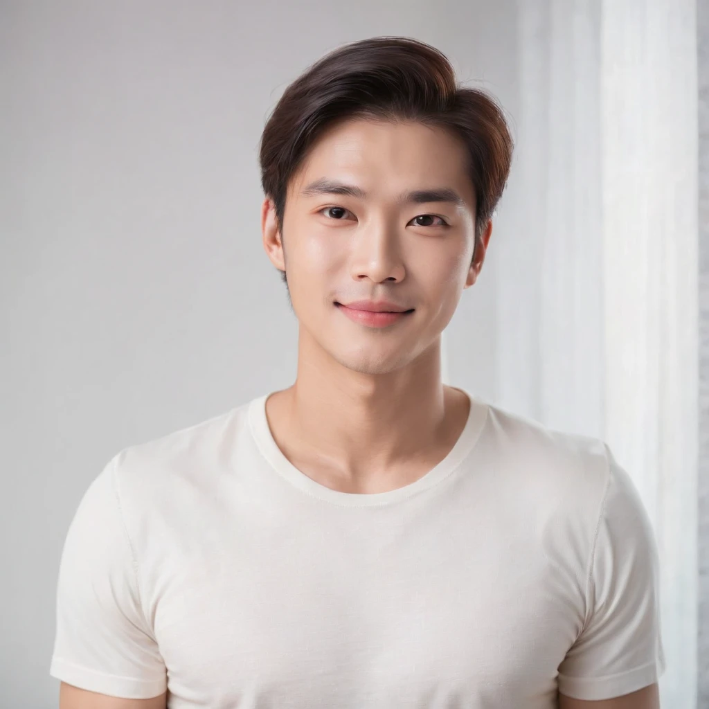 (Photo: 1.3) af (Realistic: 1.3), East Asian men, Soft light, Clear face, Front, ((White T-shirt)), cheerful big breasts, Warm light, ((Off-white gradient background)), Smile, (Background)) ,Black medium long hair,Handsome,28 years old