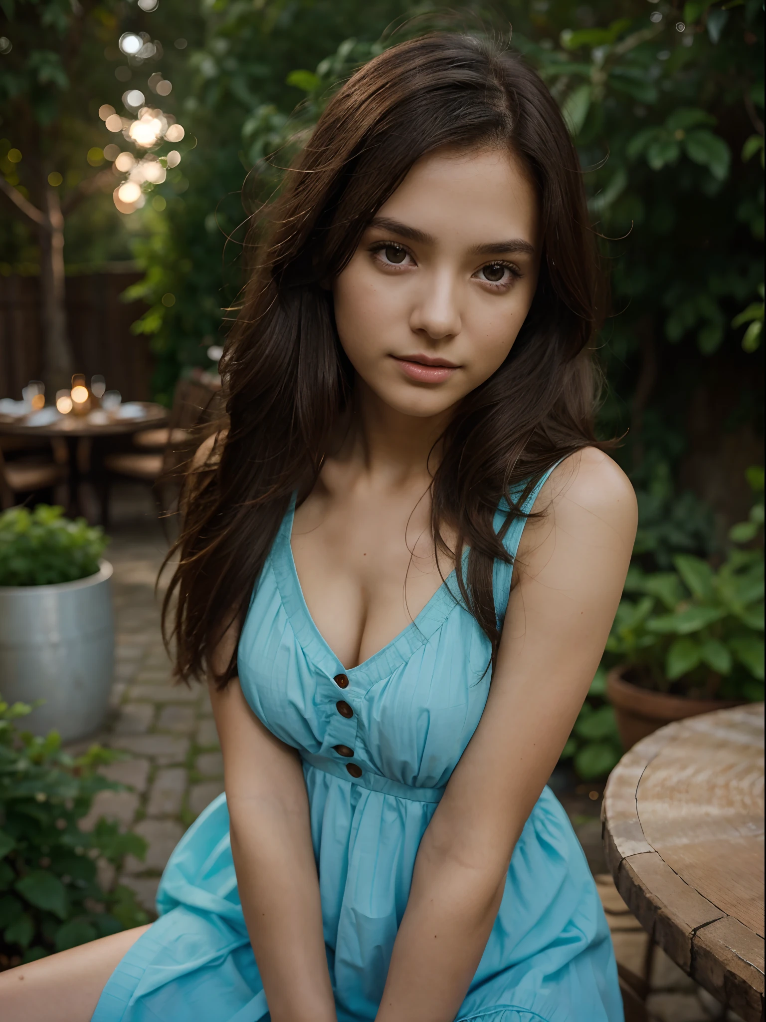 photograph of a small petite girl ,thin, (brown eyes), 20 years old, wearing sexy classy blue dress , at a garden party, night , straight brunette hair, hot girl, symmetrical face, photorealistic, photograph, , full body picture, gorgeous, western, (masterpice), best quality, high resolution, extremely detailed, skin with pores, depth of field, cinematic lighting