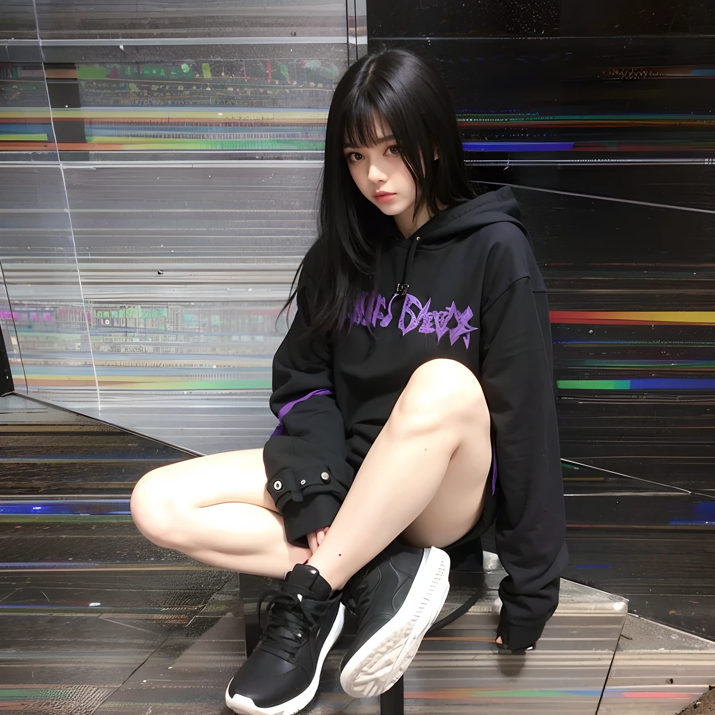 Mulher sentada em um banco com as pernas cruzadas, japanese streetwear, usando streetwear cyberpunk, roupas witchcore, she is wearing streetwear, darkwave goth aesthetic, streetwear casual, Cyberpunk Streetwear, roupas roxas e pretas, Fashwave, wearing japanese techwear, mulher no streetwear, the anime girl is crouching, ominous gothic aesthetic, capuz preto, menina vestindo capuz