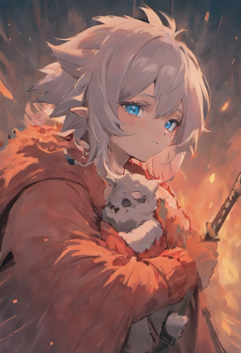 Handsome and cute furry wolf orcs,The fur is sky blue,The hair on the inside of the body is white,The pupils of the eyes are red
