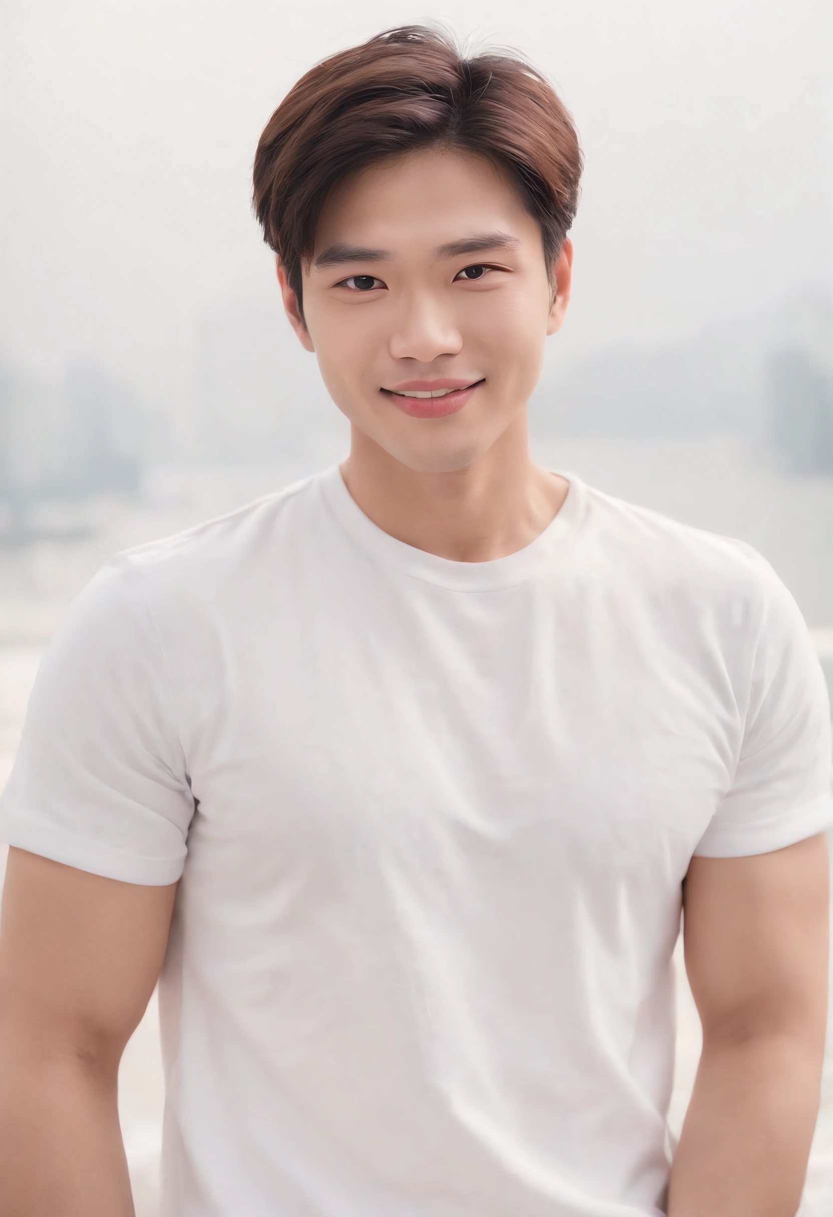 (Photo: 1.3) af (Realistic: 1.3), East Asian men, Soft light, Clear face, Front, ((White T-shirt)), cheerful big breasts, Warm light, ((Off-white gradient background)), Smile, (Background)) ,Black medium long hair,Handsome,28 years old