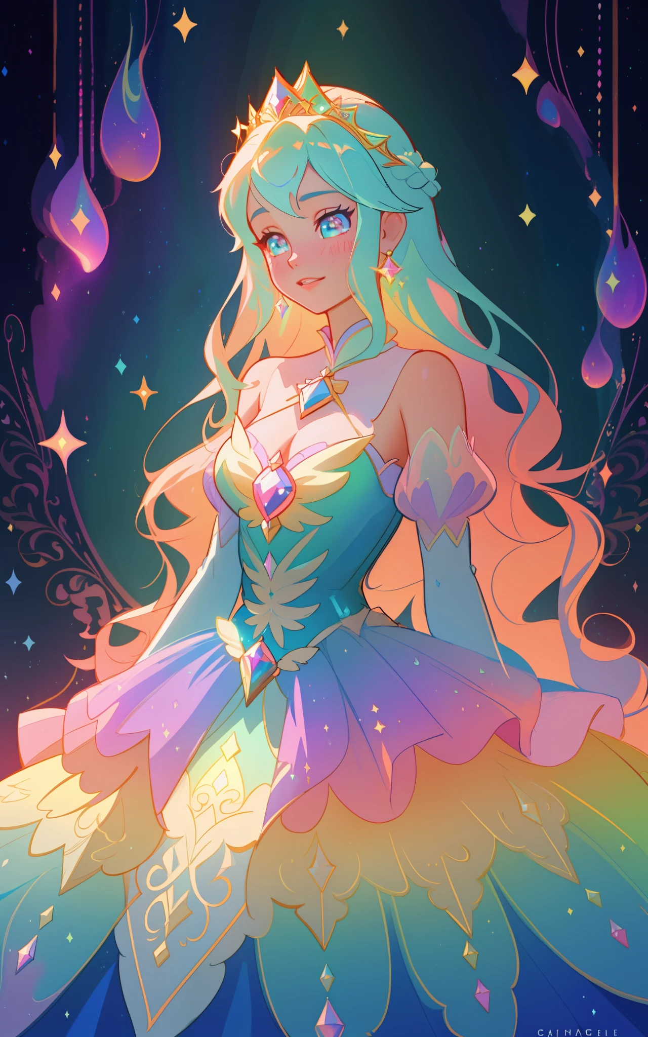 beautiful girl, puffy tiered rainbow ballgown, princess, intricate dress design, vibrant pastel colors, (colorful), long wavy hair, magical lights, sparkling magical liquid, inspired by Glen Keane, inspired by Lois van Baarle, disney art style, by Lois van Baarle, glowing aura around her, by Glen Keane, jen bartel, glowing lights! digital painting, flowing glowing hair, glowing flowing hair, beautiful digital illustration, fantasia background, whimsical, magical, fantasy, ((masterpiece, best quality)), intricate details, highly detailed, sharp focus, 8k resolution, sparkling detailed eyes, liquid watercolor