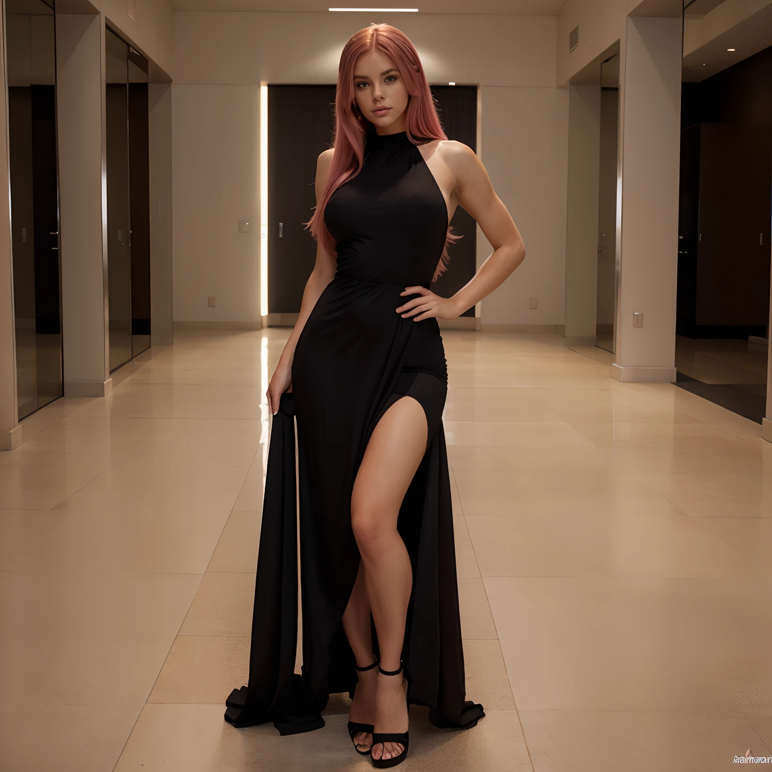 beautiful model, pink hair, brown eyes, sexy black long dress, tight dress, athletic body, hourglass waist, wide legs, medium breasts, big buttocks, full body, alone