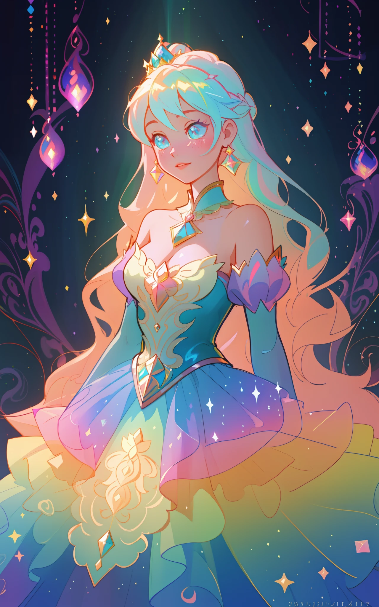 beautiful girl, puffy tiered rainbow ballgown, princess, intricate dress design, vibrant pastel colors, (colorful), long wavy hair, magical lights, sparkling magical liquid, inspired by Glen Keane, inspired by Lois van Baarle, disney art style, by Lois van Baarle, glowing aura around her, by Glen Keane, jen bartel, glowing lights! digital painting, flowing glowing hair, glowing flowing hair, beautiful digital illustration, fantasia background, whimsical, magical, fantasy, ((masterpiece, best quality)), intricate details, highly detailed, sharp focus, 8k resolution, sparkling detailed eyes, liquid watercolor