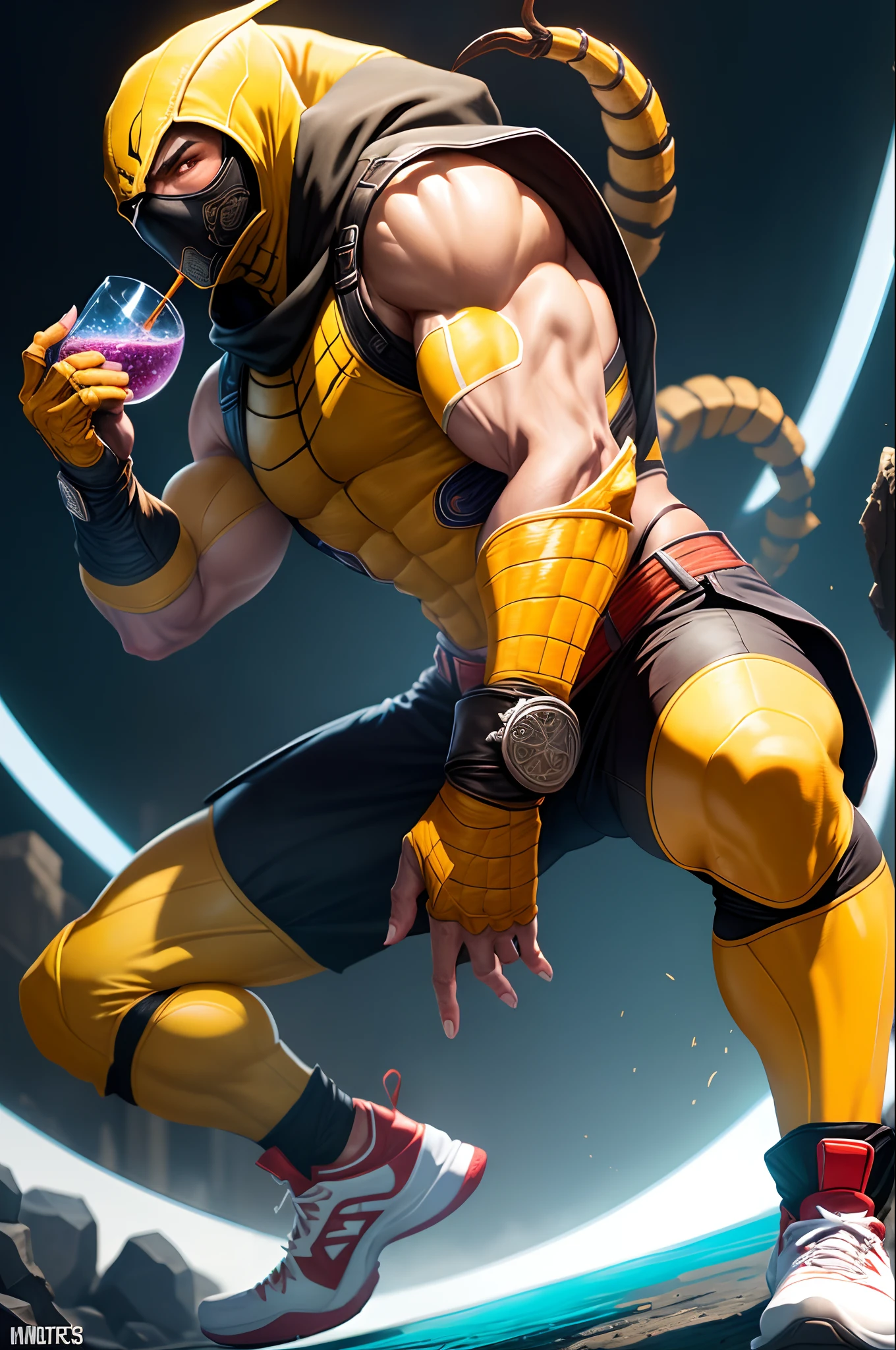 Video game character “scorpion” from mortal Kombat wearing Jordan’s and sipping lean