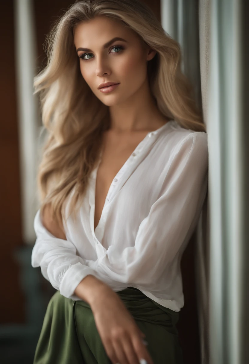 Beautiful blonde woman with shoulder-length blond hair, Sexy girl with green eyes, 大眼睛, Selfie einer jungen Frau, Augen im Schlafzimmer, Violet Myers, ohne Make-up, Natural makeup, Blick direkt in die Kamera, Gesicht mit Artgram, dezentes Make-up, Stunning full body shot, piercing green eyes, Nice angle, Cute girl, Full body image, full entire body, full body shoot, brunette goddess, Hohe Detailgenauigkeit, sexy Pose, im Privatjet