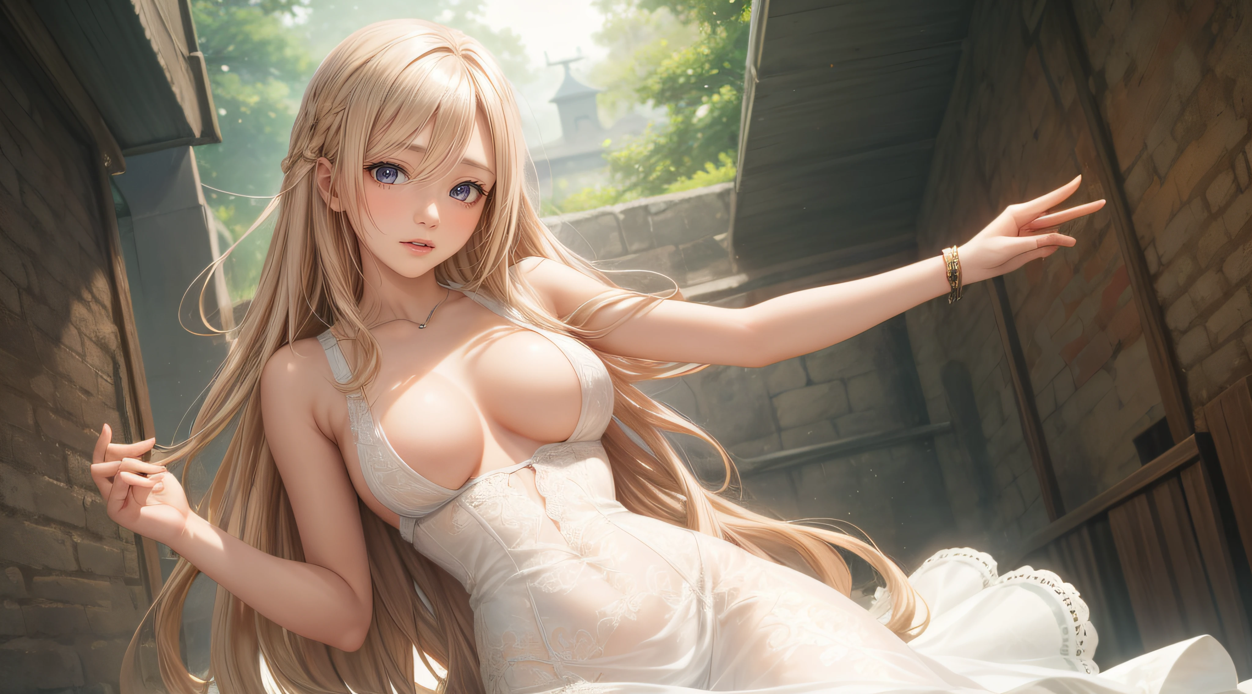 (from below),((1girl:1.5),curvy,petite,beautiful breasts,(large breasts),pale skin,erect nipples),((realistic),8k,ultra hd,high resolution,best quality,masterpiece,(Sense of presence:1.5),(Dynamic:1.5),(bold:1.5)),(((long hair),(thin hair:1.8),(straight hair),Swept bangs,(extra light coppery amber hair),(hair over one eye))),(long lace dress:1.2),walking
