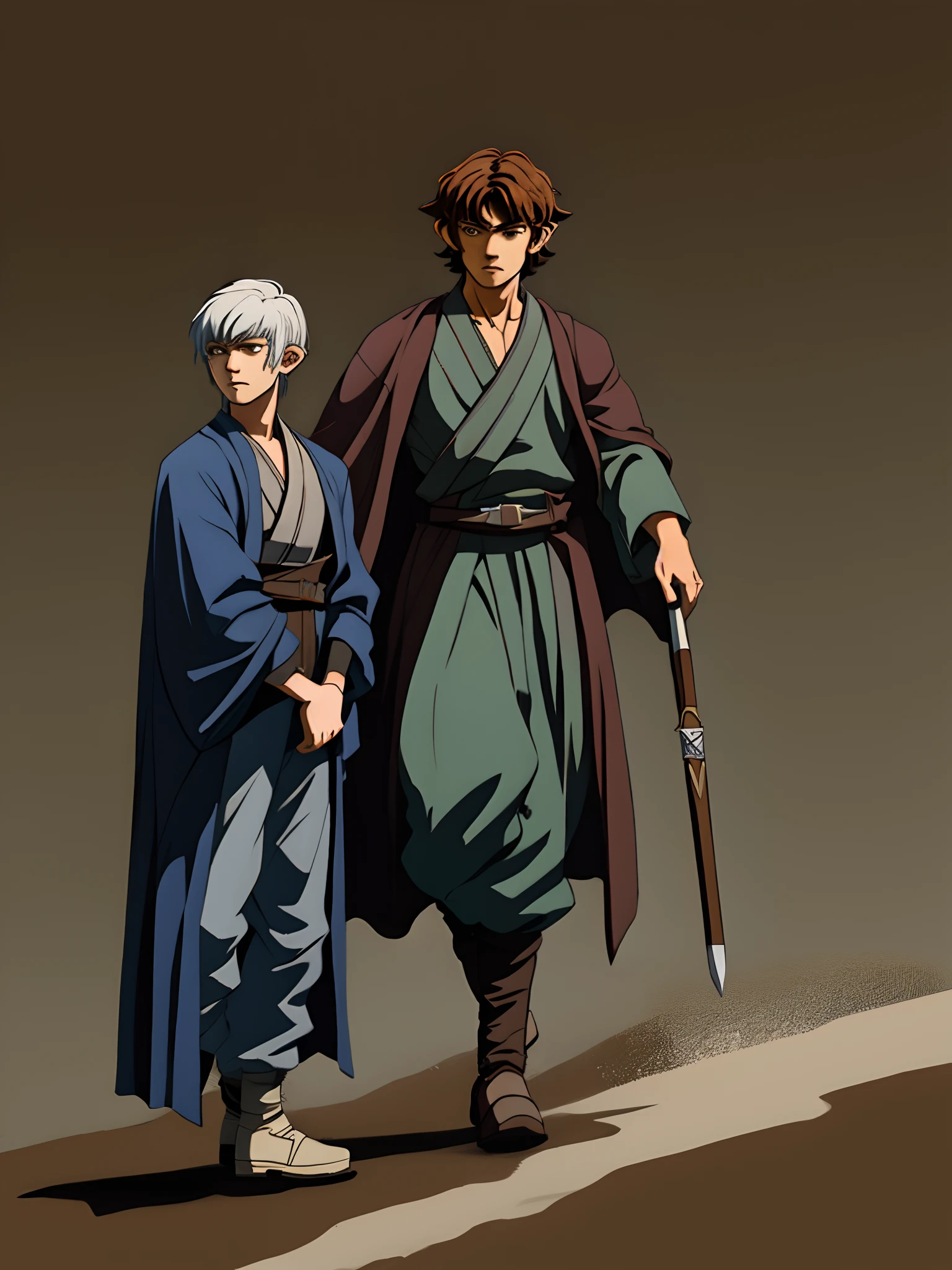 3 foot tall halfling. his name is eriadu. he looks like anakin skywalker in episode iii and frodo baggins. he carries two damascus steel shoto blades