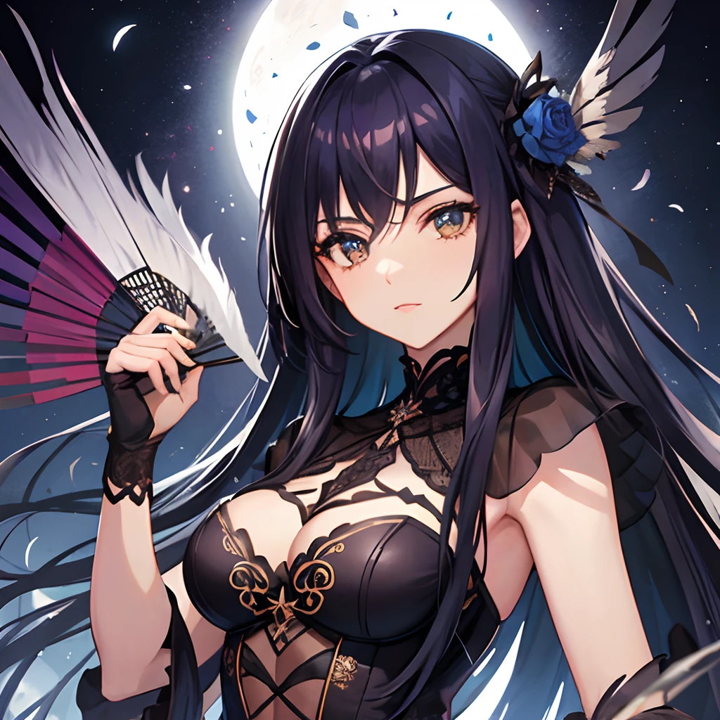 Garota morena de cabelo roxo e olhos laranja com um collant preto tematizado de corvo, with feather mask and with a fan in his hand