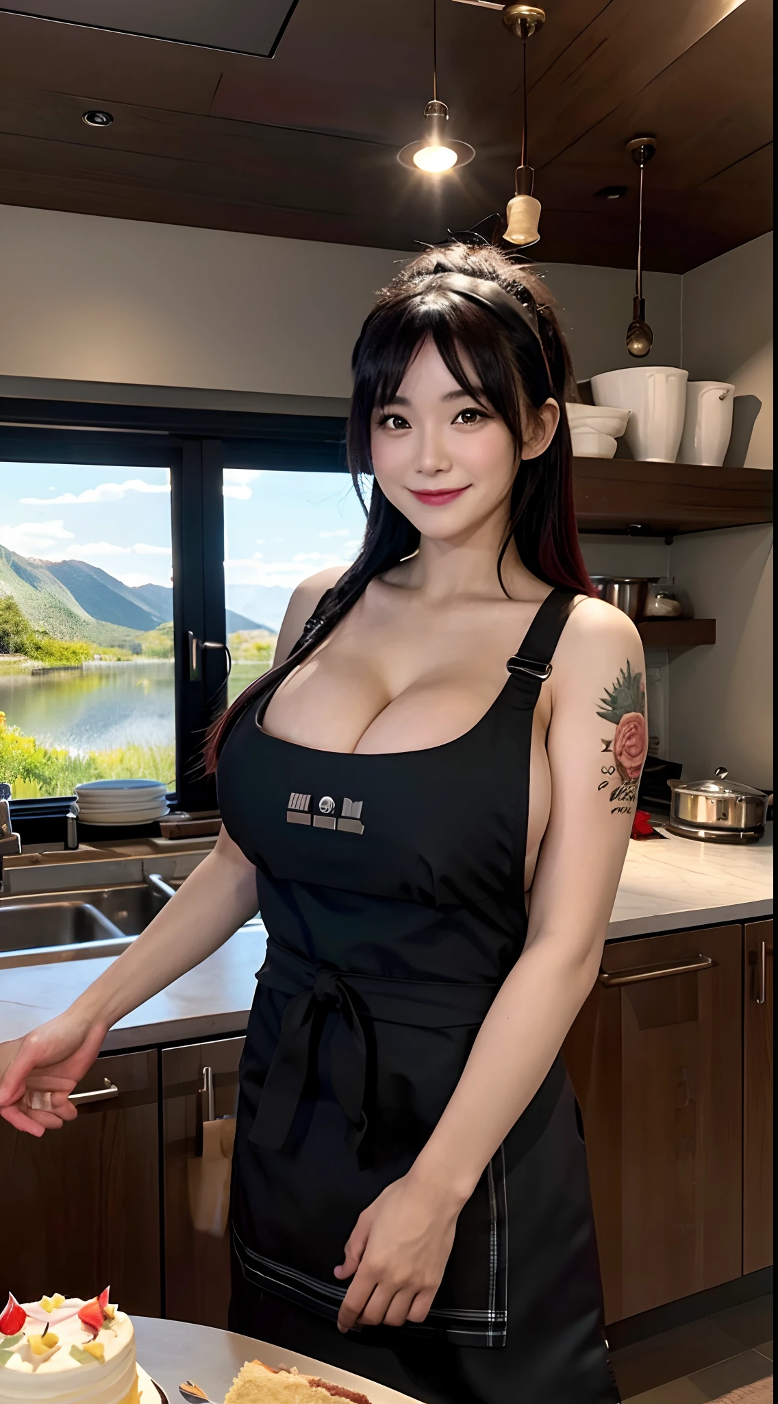 1 girl, a woman with tattoo, (([red|black] hair)), long hair, wearing a black apron (apron:1.2), cooking, cute smile, look at viewer, kitchen, cake and pie on background,  indoors, (soothing tones:1.0), (hdr:1.25), (artstation:1.2), dramatic, (scenery:1.4), (intricate details:1.14), (hyperrealistic 3d render:1.16), (filmic:0.55), (rutkowski:1.1), (faded:1.3), (Gigantic breast:1.6), (better hands, better arm)