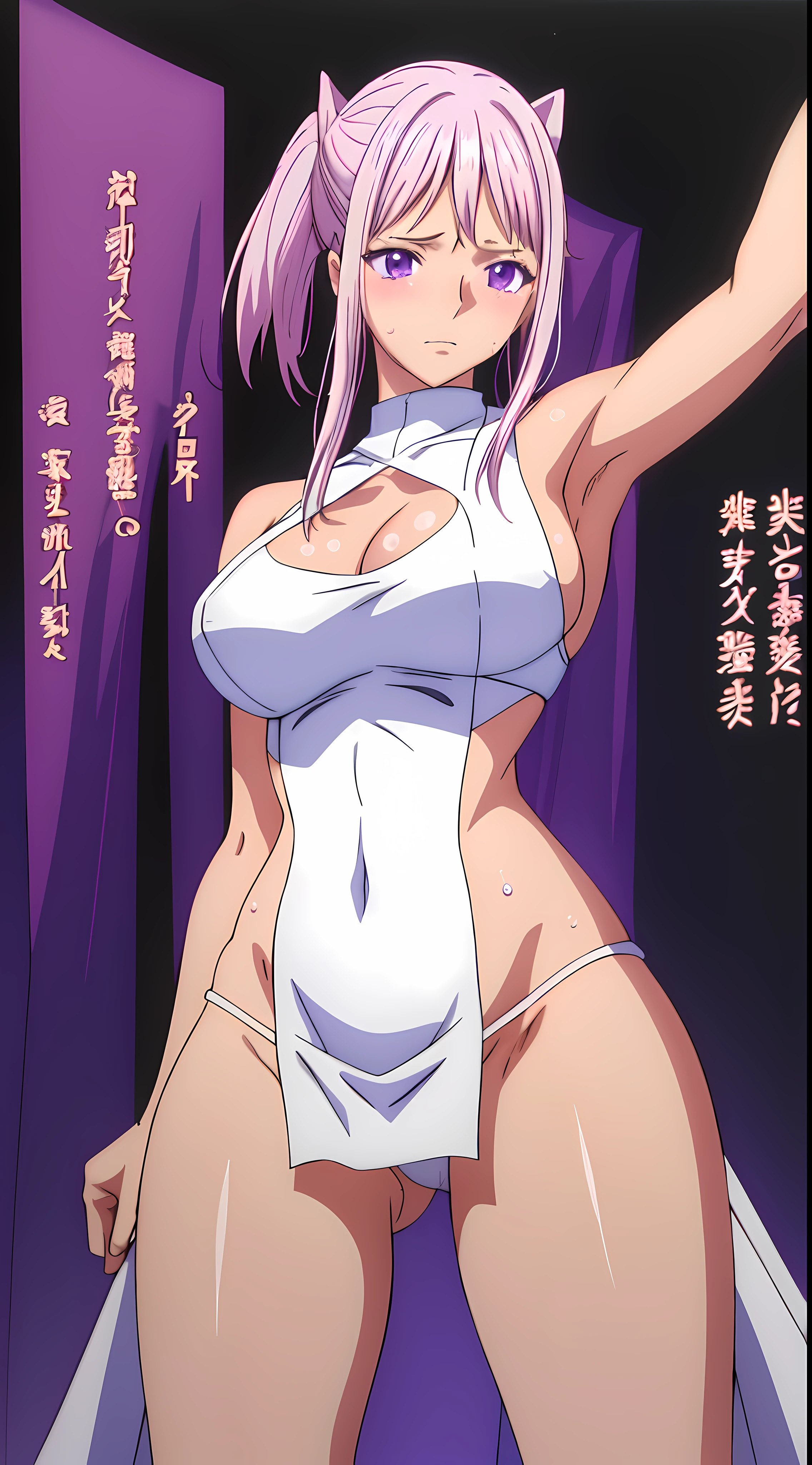 high resolution, simple background, anime style, White hair, purple eye, tan girl bashful doing erotic pose wearing very skimpy revealing nude Fantasy armor, sweaty body, showing thighs, (cleavage:1.1, side boobs:1.1, under boobs:1.1), showing boobs, teasing, arm pit