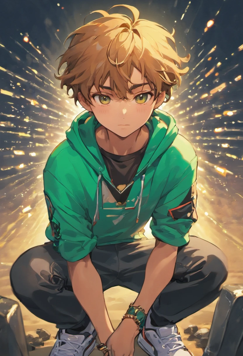 realism portrait of a tall teenage ((boy)), masculine, handsome, ambitious, happy, mixed race ((light, tan skin color)), ((short, luscious curly hair)), ((surfer hair)), big brown eyes, sitting counting a bunch of money, ((diamond watch)), ((diamond chains)), ((nike shoes)), ((money)), ((nice sunrise)) ((beautiful beach)), [cap], wearing dark green hoodie, matching dark green pants, and jordans, current fashion, dark lighting background, product view, detailed facial details, perfect face, sharpness, art trend, facial details sharp, cgsociety, ultra high quality digital artwork, exquisite hyper detail, 4k, 8k neon lighting, --iso 100 dreamy, fashion -