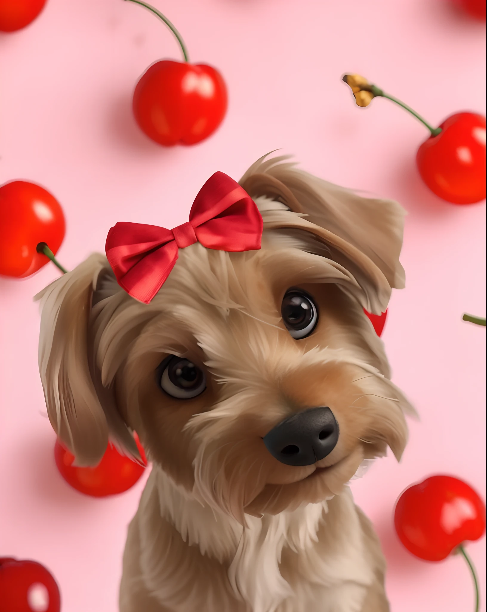 A yorkshire female dog, with cherries on the punk and red background