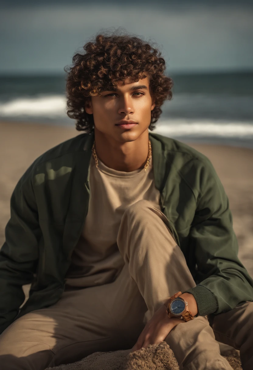 realism portrait of a tall teenage ((boy)), handsome, ambitious, mixed race ((light, tan skin color)), ((luscious surfer curly hair)), big brown eyes, sitting counting a bunch of money, ((watch)), ((chains)), ((nike shoes)), ((money)), ((nice sunrise)) ((beautiful beach)), [cap], wearing dark green hoodie, matching dark green pants, and black shoes, current fashion, surfer style hair, dark lighting background, product view, detailed facial details, perfect face, sharpness, art trend, facial details sharp, cgsociety, ultra high quality digital artwork, exquisite hyper detail, 4k, 8k neon lighting, --iso 100 dreamy, fashion -