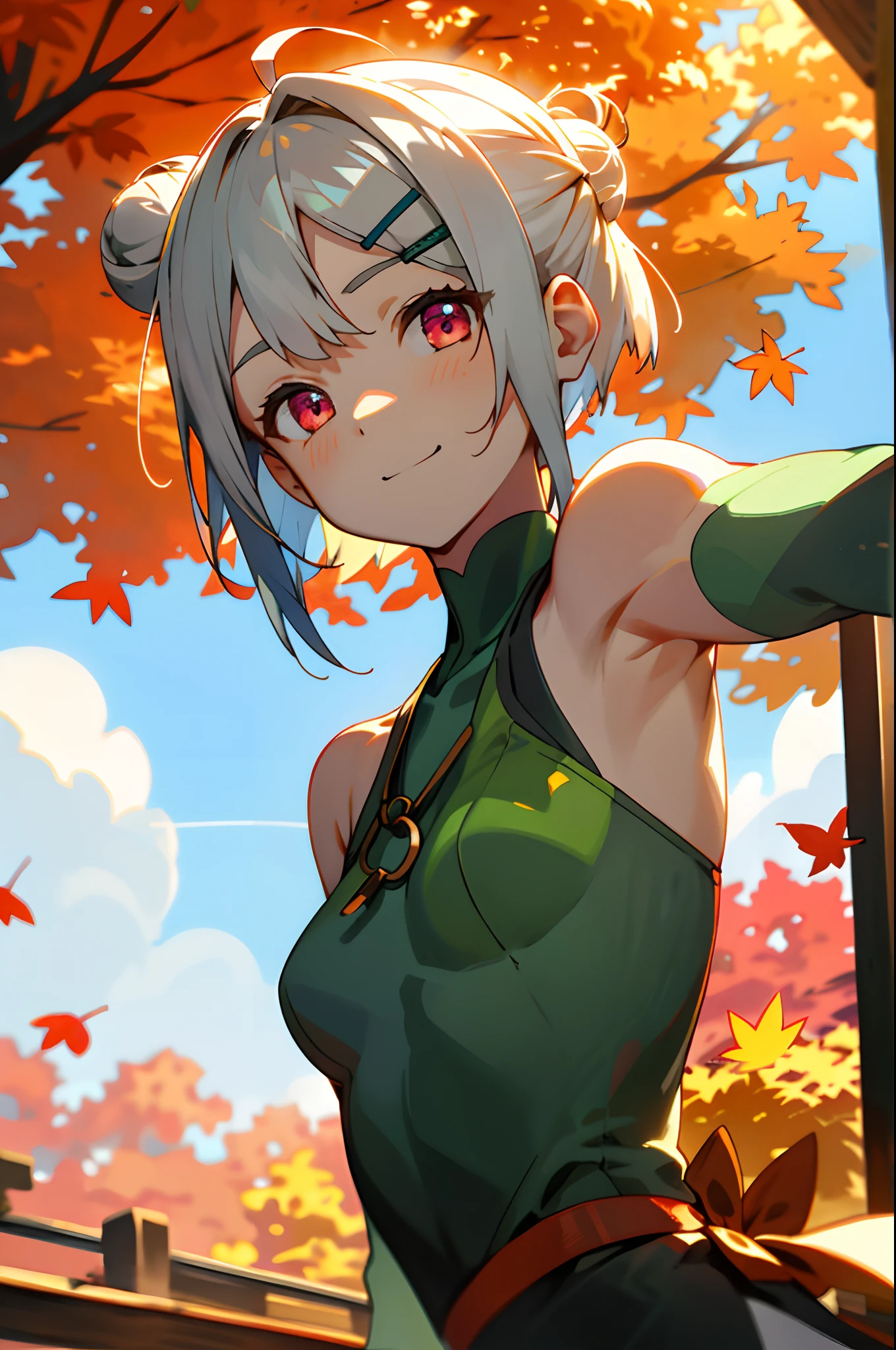 with blue sky and white clouds,Sun shining through the clouds,Irradiate the ground, front look, looking at viewert, A half body, verdant,wooden building,The background is a large area of green leaves,Gazebo,The tree々,Trees with autumn leaves々,17 years old girl、Short hairstyle with silver hair and bob, Hair tied in a bun with a hair clip, Pink eyes, small tits,A slight smil、Laugh,Dynamic Pose,Head slightly lowered,upper body closeup,low-saturation,Bare arms,Orange theme,Surrounding the leaves of autumn leaves