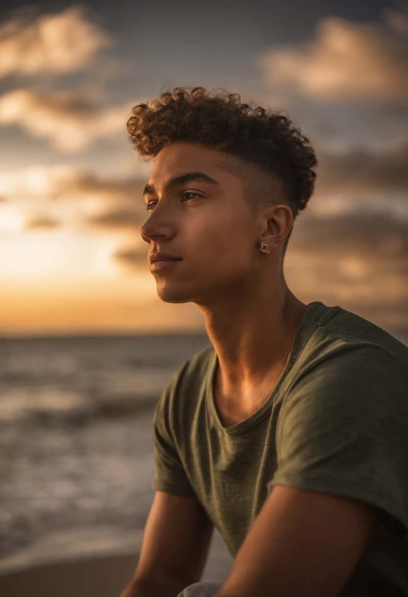 realism portrait of a tall teenage ((boy)), masculine, handsome, ambitious, happy, mixed race ((light, tan skin color)), ((short, luscious curly hair)), ((surfer hair)), big brown eyes, sitting counting a bunch of money, ((diamond watch)), ((diamond chains)), ((nike shoes)), ((money)), ((nice sunrise)) ((beautiful beach)), [cap], wearing dark green hoodie, matching dark green pants, and jordans, current fashion, dark lighting background, product view, detailed facial details, perfect face, sharpness, art trend, facial details sharp, cgsociety, ultra high quality digital artwork, exquisite hyper detail, 4k, 8k neon lighting, --iso 100 dreamy, fashion -
