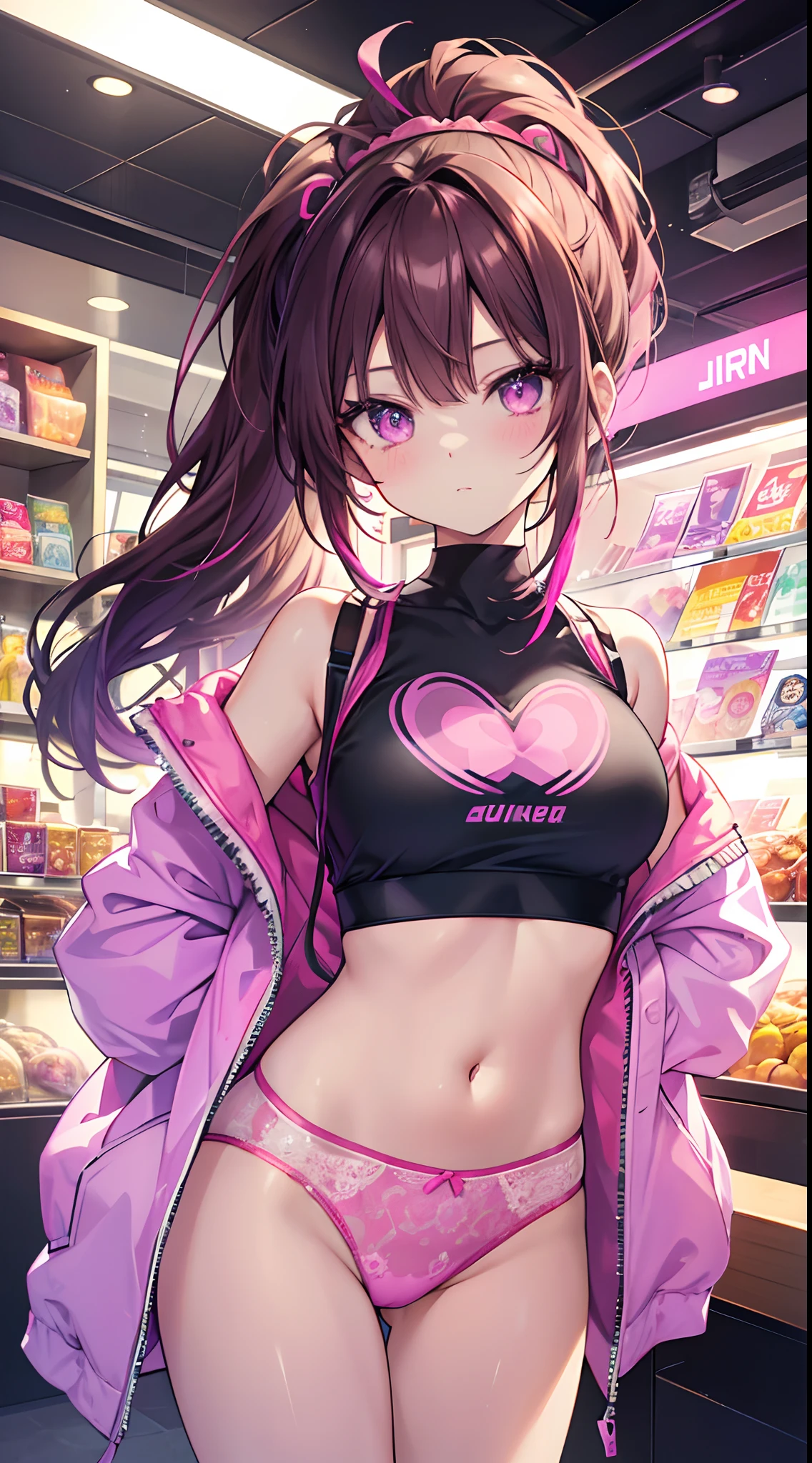 ((Masterpiece)), best quality, absurderes, ultra detailed, holographic, cowboy shot, golden ratio, super cute girl, mature girl, idol girl, super beautiful asian girl with very beautiful violet glowing eyes, beautiful glowing brown multicolored hair, high ponytail, nice and sexy body, slim body, perfect body, an anime printed neon pink bra and panties, a super aesthetic transparent mini jacket, beautiful hair ornament, pink jordan tennis, being photographed in a mall shop, ( showing neon pink panties, showing thong: 1.5)