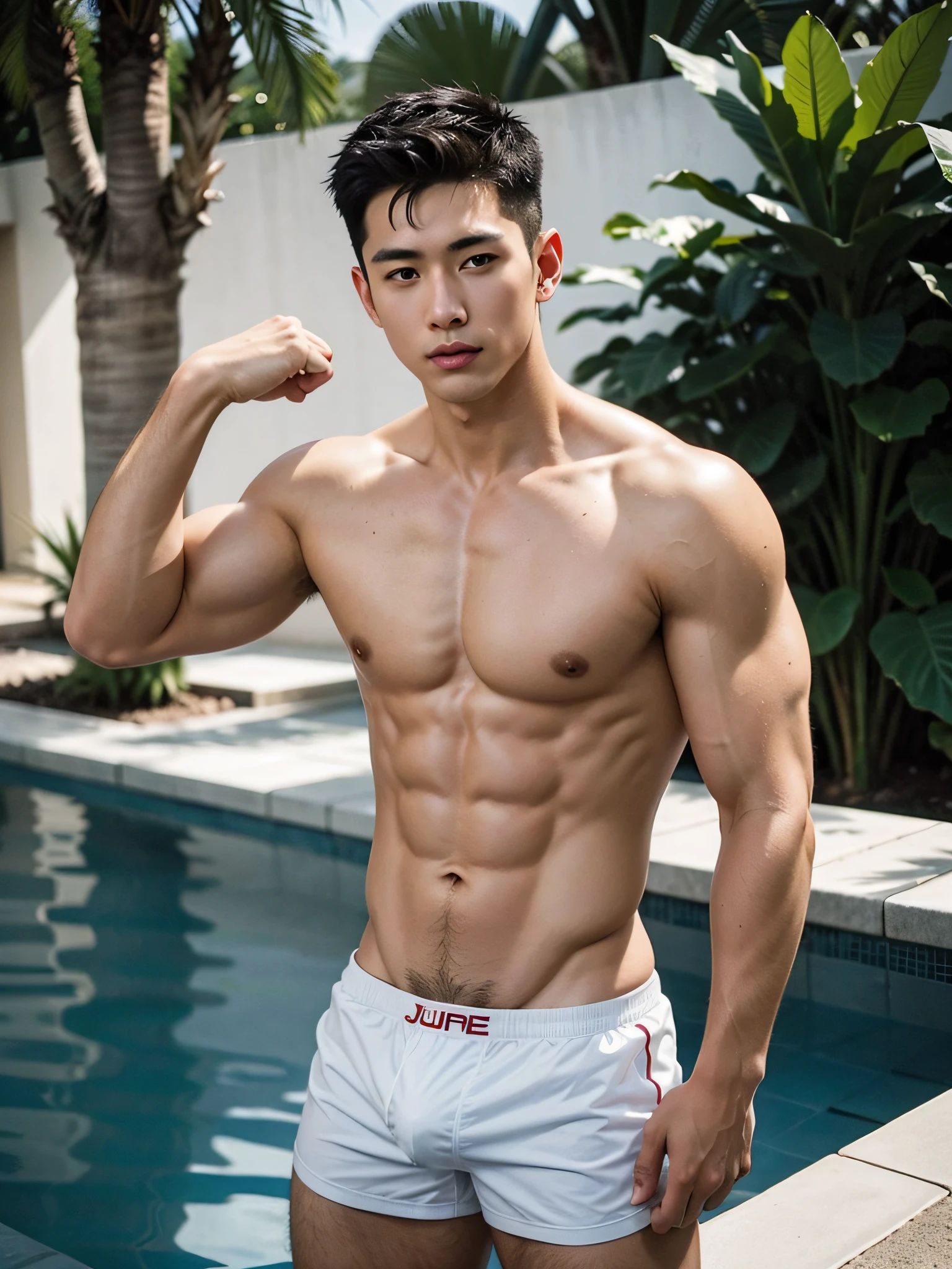 arafed boy in a wet and transparent white hip boxer brief, Full Body Shoot, Quiff haircut, look at camera, detailed facial parts, Manly, Bad Boy, Pool background, Sexy Pose, sex manaice, perfect anatomy, symmetric body, asian boy 19 years old, shirtless :: high detail, asian, sexual, a little six packs attractive body, realistic, Short Hairstyle, handsome chad chin, shirtless, handsome, attractive, sexy boy, Pubic hair, masculine, sexually attractive (eyes contact), Gay, Handsome, Attractive, big bulge in hip brief
