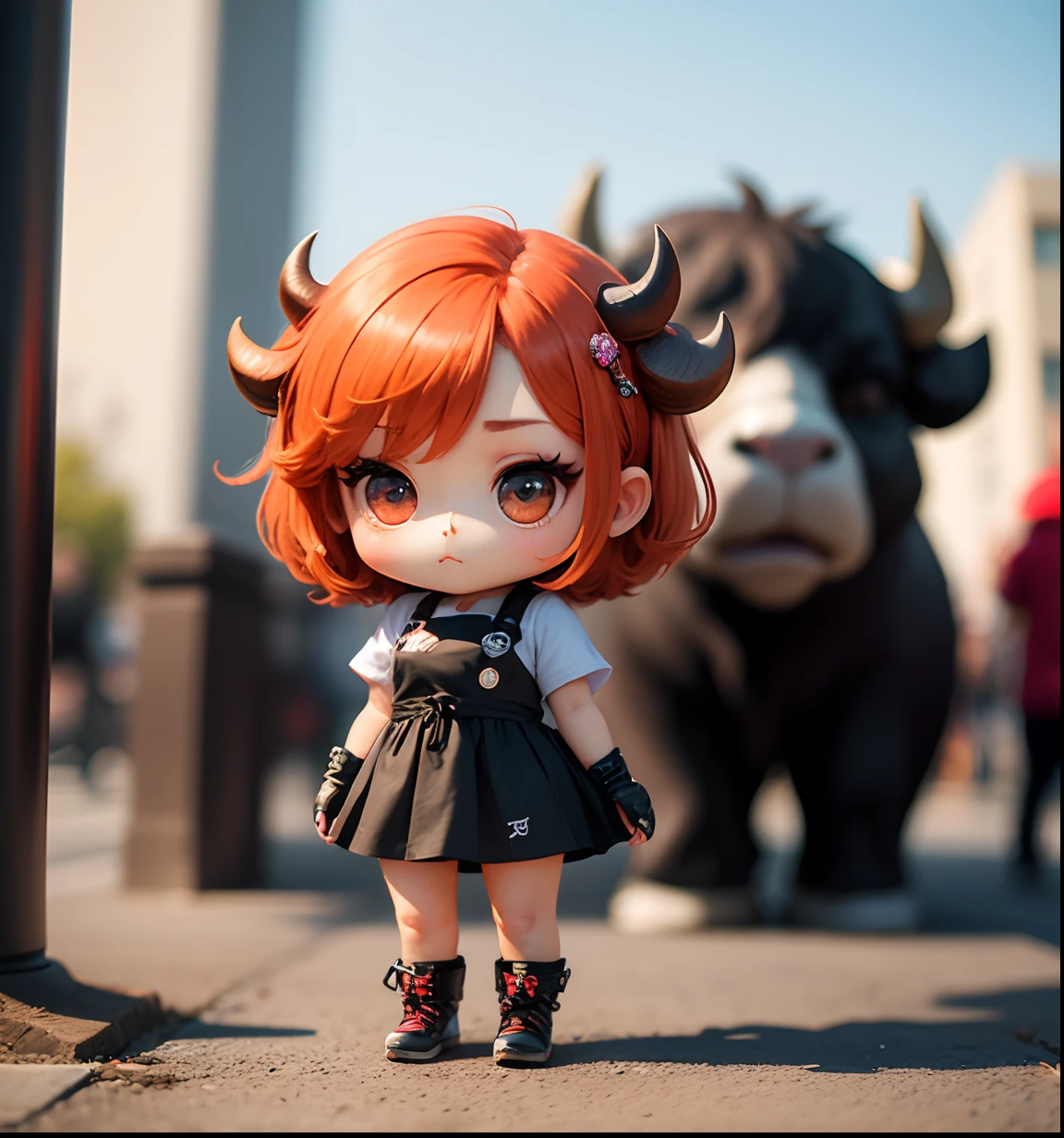 masterpiece、top-quality、ultra-detailliert、(Chibi Chara buffalo:1.2)、ember。Street fashion、Full-body standing figure。