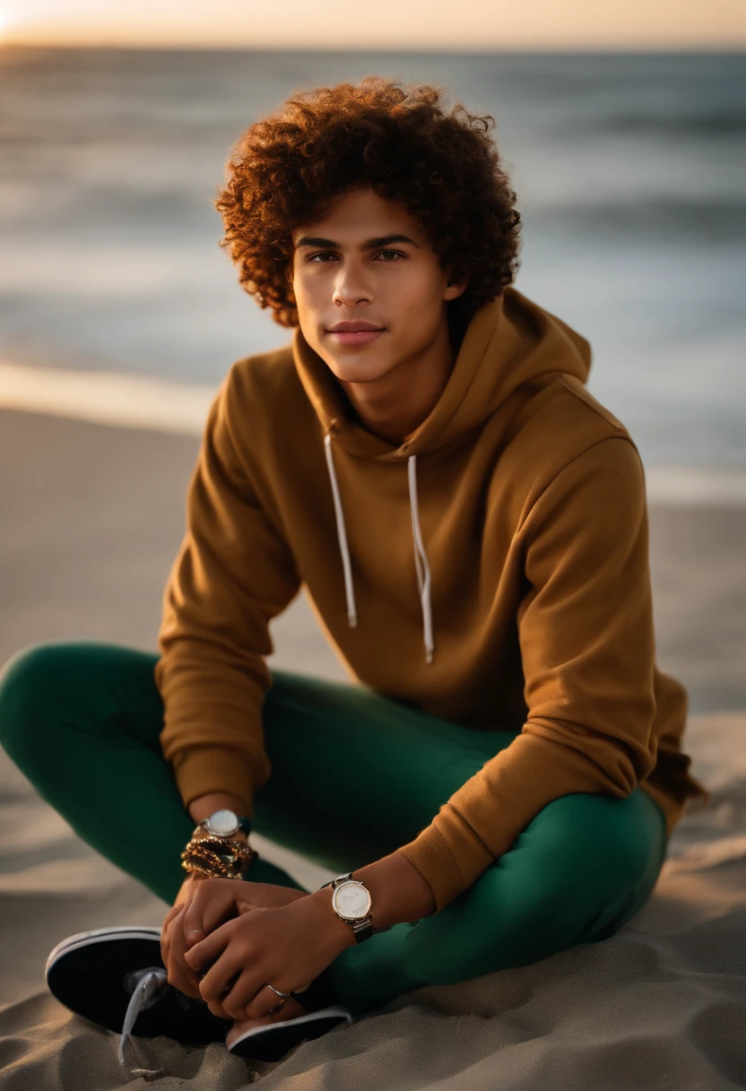 realism portrait of a tall teenage ((boy)), masculine, handsome, ambitious, happy, mixed race ((light, tan skin color)), ((short, luscious curly hair)), ((surfer hair)), big brown eyes, sitting counting a bunch of money, ((diamond watch)), ((diamond chains)), ((nike shoes)), ((money)), ((nice sunrise)) ((beautiful beach)), [cap], wearing dark green hoodie, matching dark green pants, and jordans, current fashion, dark lighting background, product view, detailed facial details, perfect face, sharpness, art trend, facial details sharp, cgsociety, ultra high quality digital artwork, exquisite hyper detail, 4k, 8k neon lighting, --iso 100 dreamy, fashion -