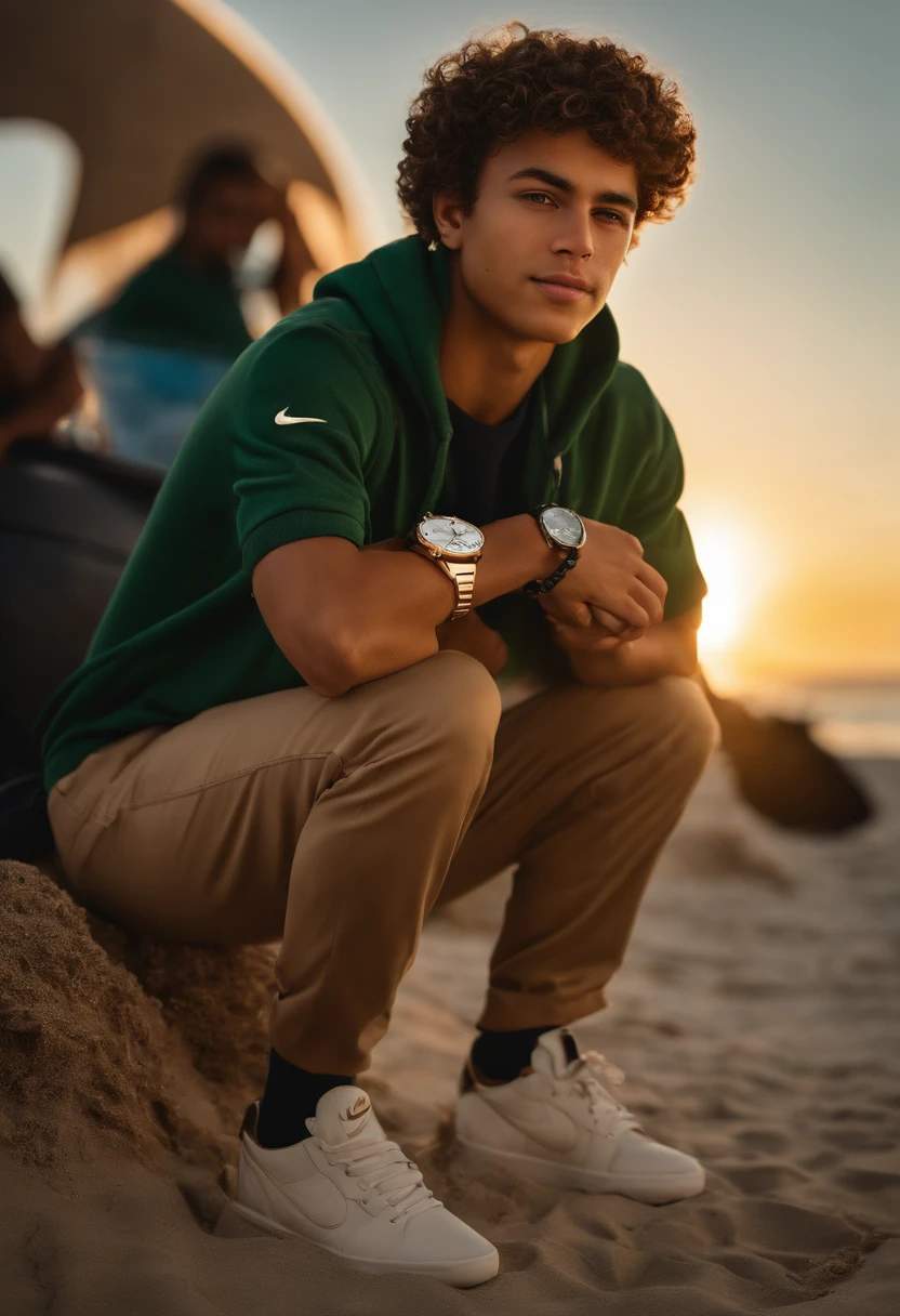 realism portrait of a tall teenage ((boy)), masculine, handsome, ambitious, happy, mixed race ((light, tan skin color)), ((short, luscious curly hair)), ((surfer hair)), big brown eyes, sitting counting a bunch of money, ((diamond watch)), ((diamond chains)), ((nike shoes)), ((money)), ((nice sunrise)) ((beautiful beach)), [cap], wearing dark green hoodie, matching dark green pants, and jordans, current fashion, dark lighting background, product view, detailed facial details, perfect face, sharpness, art trend, facial details sharp, cgsociety, ultra high quality digital artwork, exquisite hyper detail, 4k, 8k neon lighting, --iso 100 dreamy, fashion -