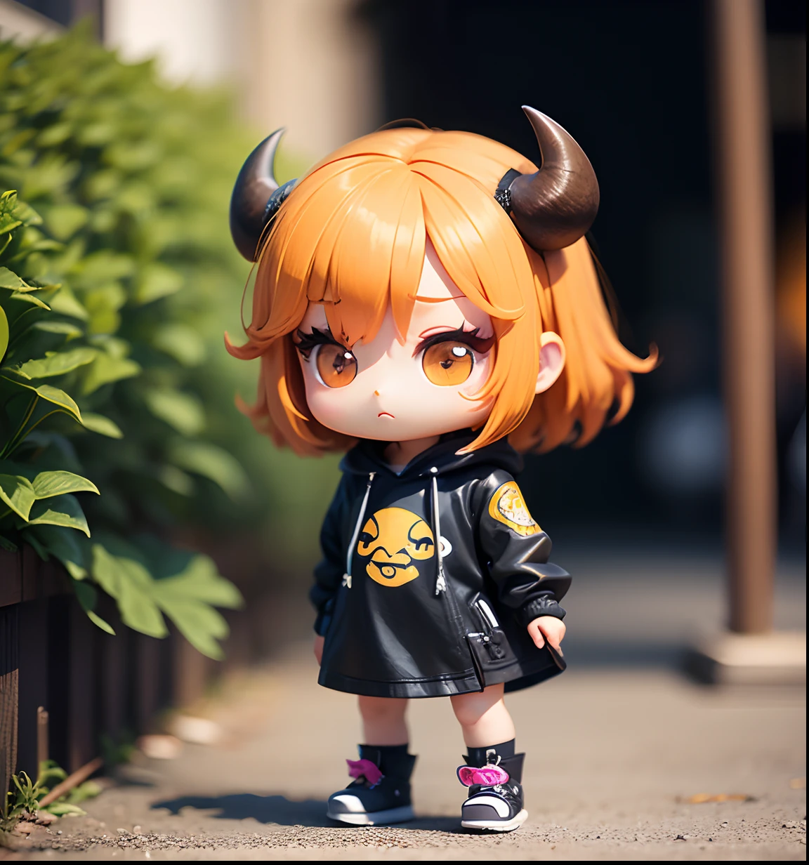​masterpiece、top-quality、ultra-detailliert、(Chibi Chara　buffalo:1.2)、ember。Street fashion、Full-body standing figure。