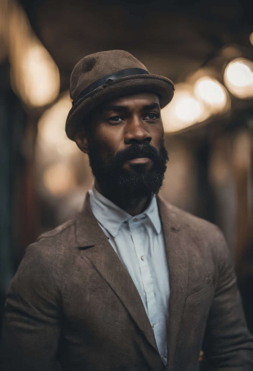 Man with beard and hat in front of a wall, Homem africano, retrato impressionante, Directed by: Mario Borgeaud, African facial features, Rosto robusto, great pinterest photo, beautiful face!!!!, rosto texturizado robusto, Directed by: Lee Jeffries, beautiful face!, beautiful face!!, Directed by: Fabien Charuau, Directed by: Luz frontal suave Pieter Huys, brilho, HDR, (cores suaves: 1.2) Hiperealista,realista, Realismo, renderizado, Alto contraste, digital art photographyrealistic trend in Artstation 8k HD high definition detailed realistic,  detalhado, textura da pele, hiper detalhado, textura de pele realista, armadura, melhor qualidade, ultra high-resolution, (fotografiarrealista: 1.4), alta resolução, detalhado, Calado bruto, sharp re, por lee jeffries Nikon D850 Filme Fotografia de Stock 4 Kodak Portra 400 Lente F1.6 Rich Colors Realistic Texture Dramatic Texture Dramatic Lighting Irrealengine Trend on Artstation Cinestill 800