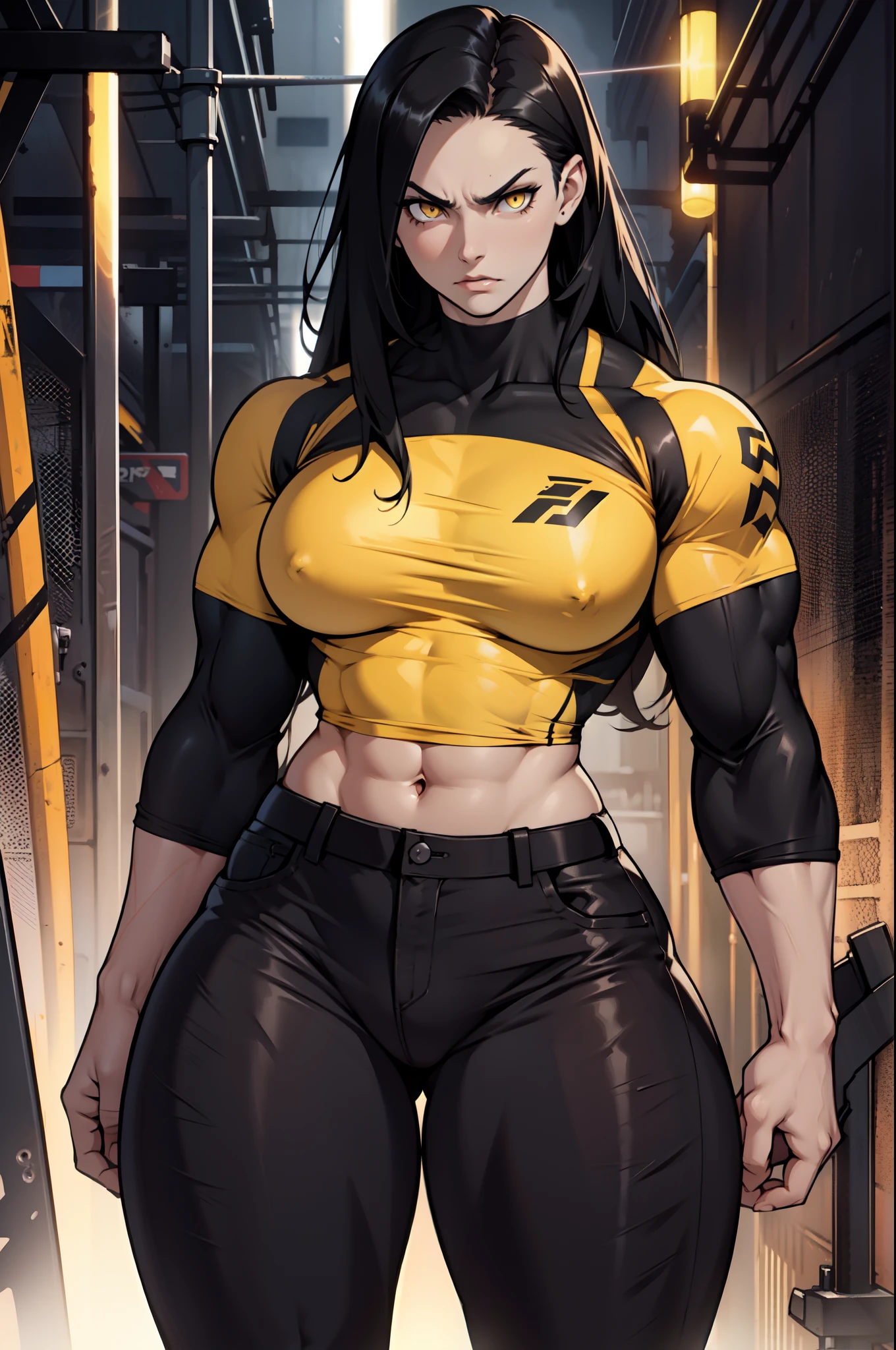 1 girl pale skin black hair yellow eyes long hair angry muscular toned body bodybuilder dark atmosphere tight shirt tight pants curvy wide hips thick thighs perky breasts