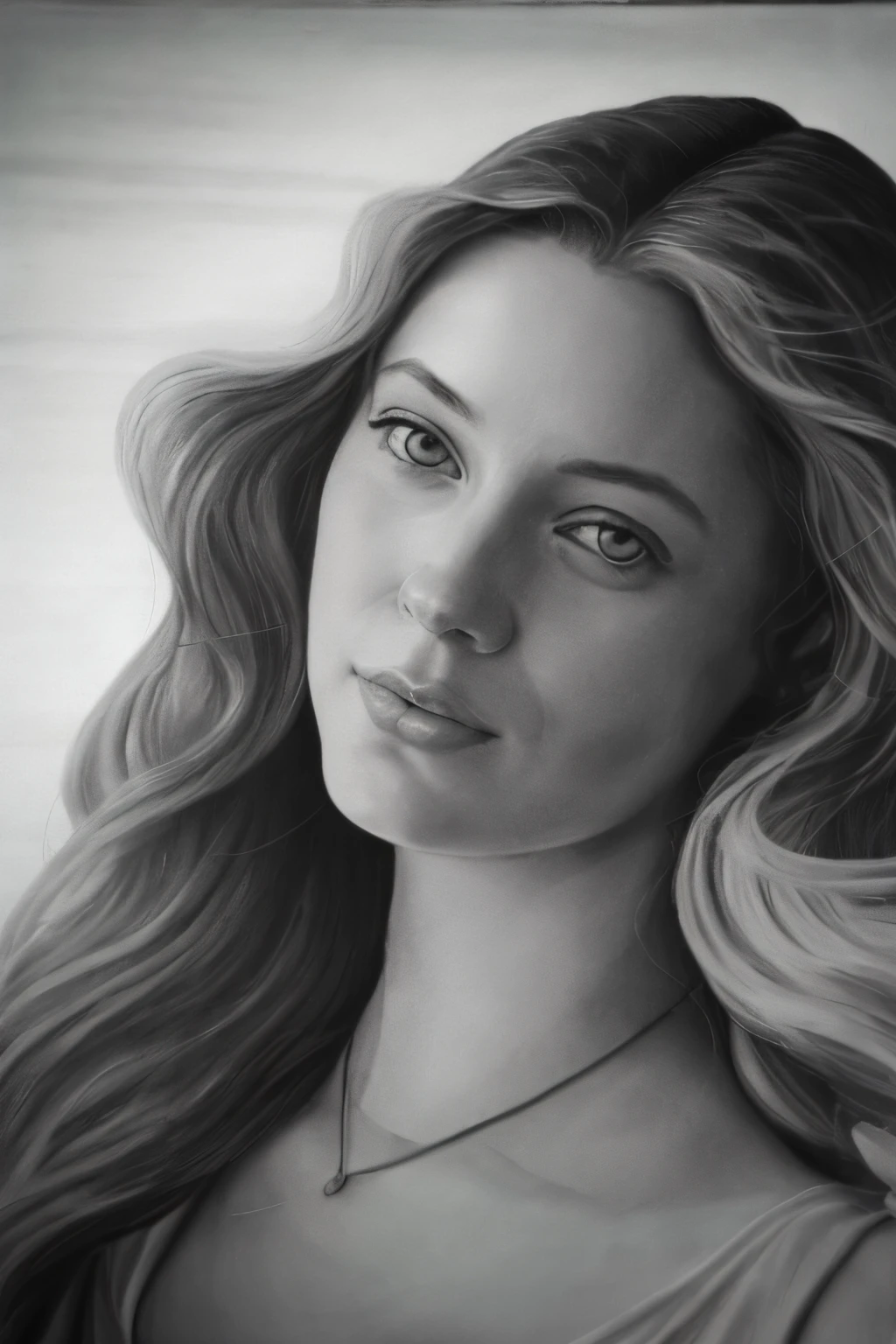 Un primer plano de una mujer con cabello largo y un collar, Retrato femenino realista, Retrato de belleza detallado, Hermoso retrato detallado, Retrato realista, Retrato de rostro realista y detallado, Detailed Matte Fantasy Portrait, Retrato de alto detalle, Dibujo digital realista, Retrato detallado de la cara, Retrato altamente detallado, detailed illustration portrait, girl portrait, Retrato fotorrealista, Retrato fotorrealista, rendering of close up portrait,Nacimiento de venus, impasto oil style