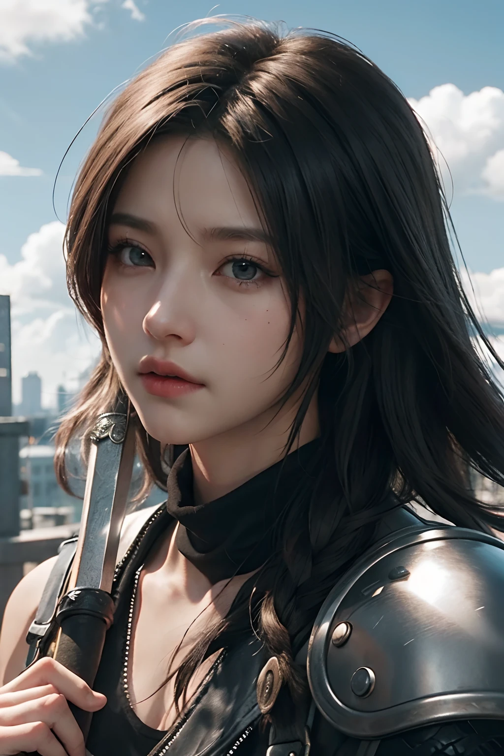 Close-up of a person with a sword in a city, Cloud strife, Portrait of a Cloud Struggle, from final fantasy vii, Final Fantasy 7, from ff7, FF 7, cloud, from final fantasy, final fantasy face, final fantasy character, Final Fantasy, Final Fantasy, Final - Fantasy, Square Enix, Final Fancy, closeup portrait shot