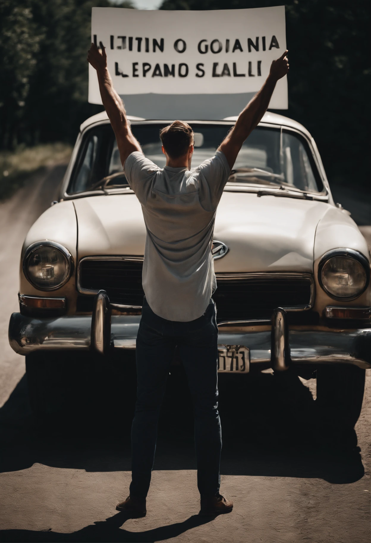 A man with his arms high above his head, holding a big white sign of protest, standing atop of an old, rusty, l german car on the side of the road photo realism, hyper detailed facing the camera