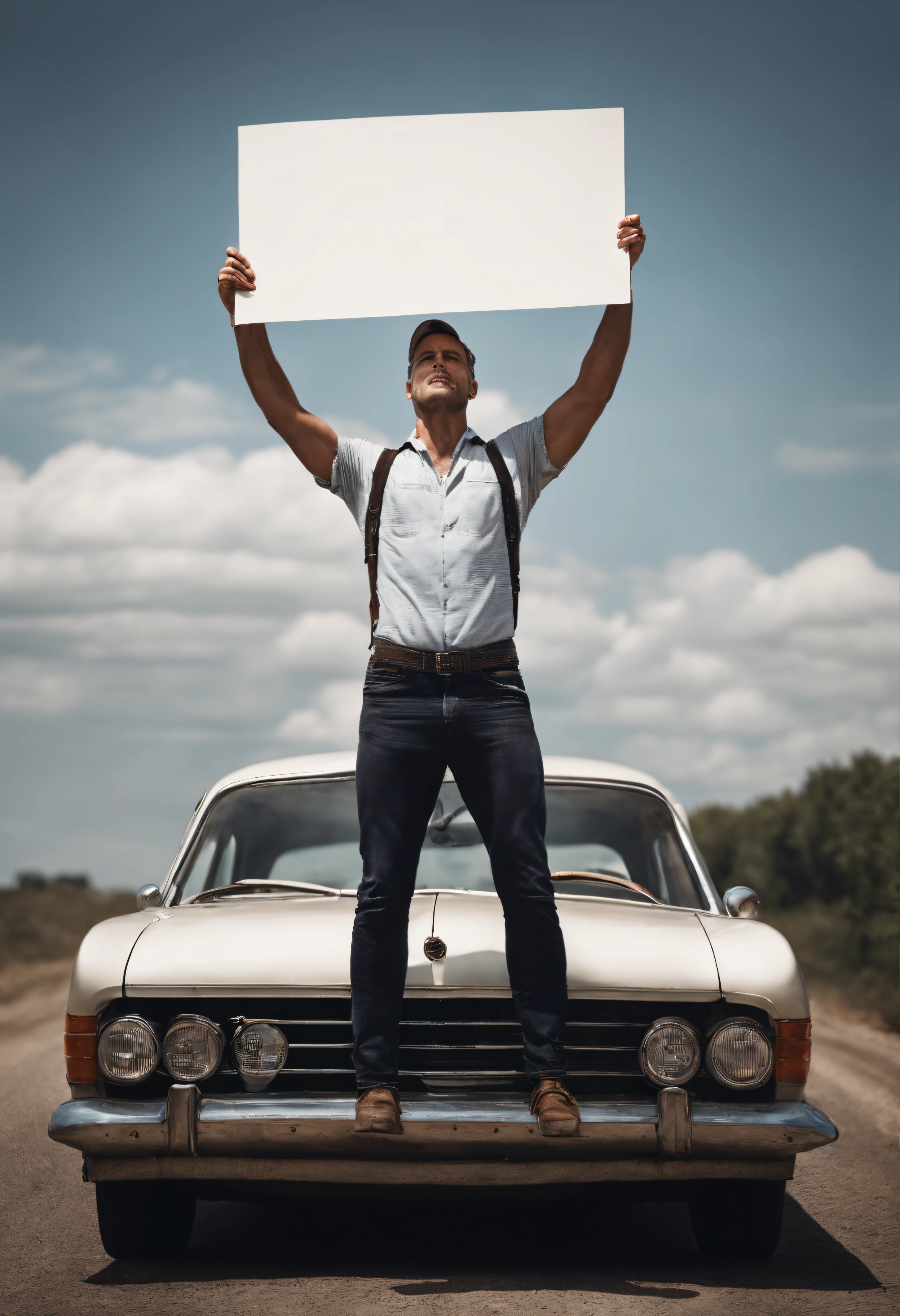 A man with his arms high above his head, holding a big white sign of protest, standing atop of an old, rusty, l german car on the side of the road  photo realism, hyper detailed facing the camera