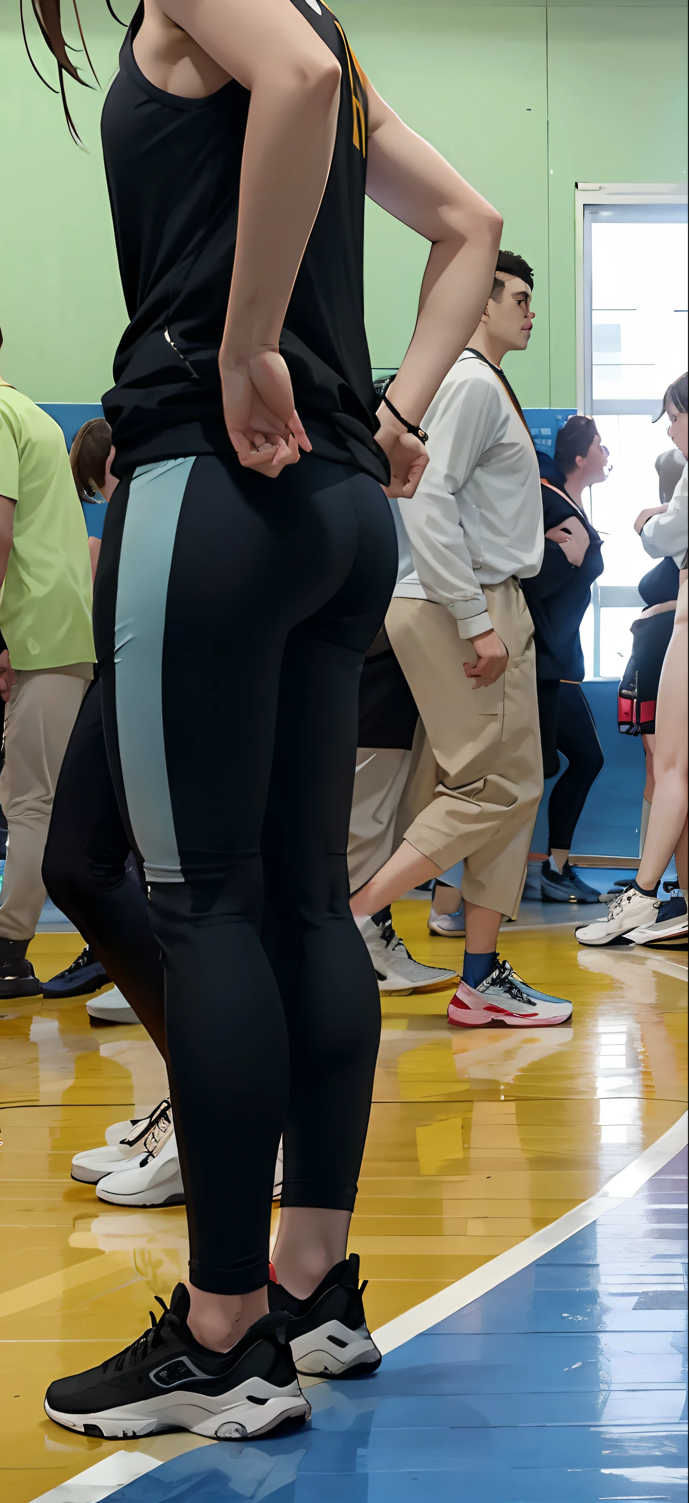 There are a lot of people in the gym, And one woman is standing on the floor, The largest entrances in history, in the high school gym, dancing in the background, long shot from back, long shot from back, Other women dancing behind, standing in class, Medium shot waist-high up, Man in the foreground, close-up shot from behind, Close to skinny