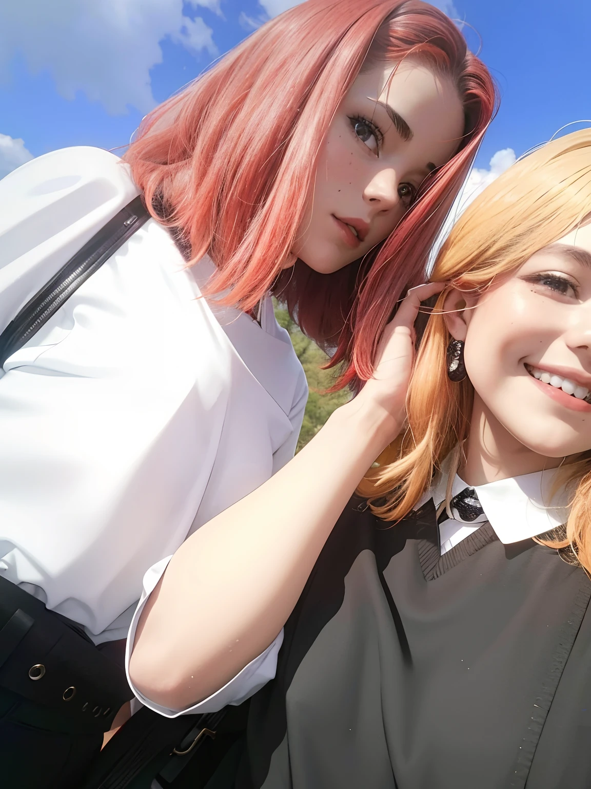 There are two women, who pose for a photo together, with red hair, with black, with ivy, Two girls, very very low quality picture, 📷 Mungojerrie and Rumpleteazer, profile pic, Smooth in _ inticrate background, with a twin, photoshooting, sisters, red and black and white, black and white and red, With her for a long time