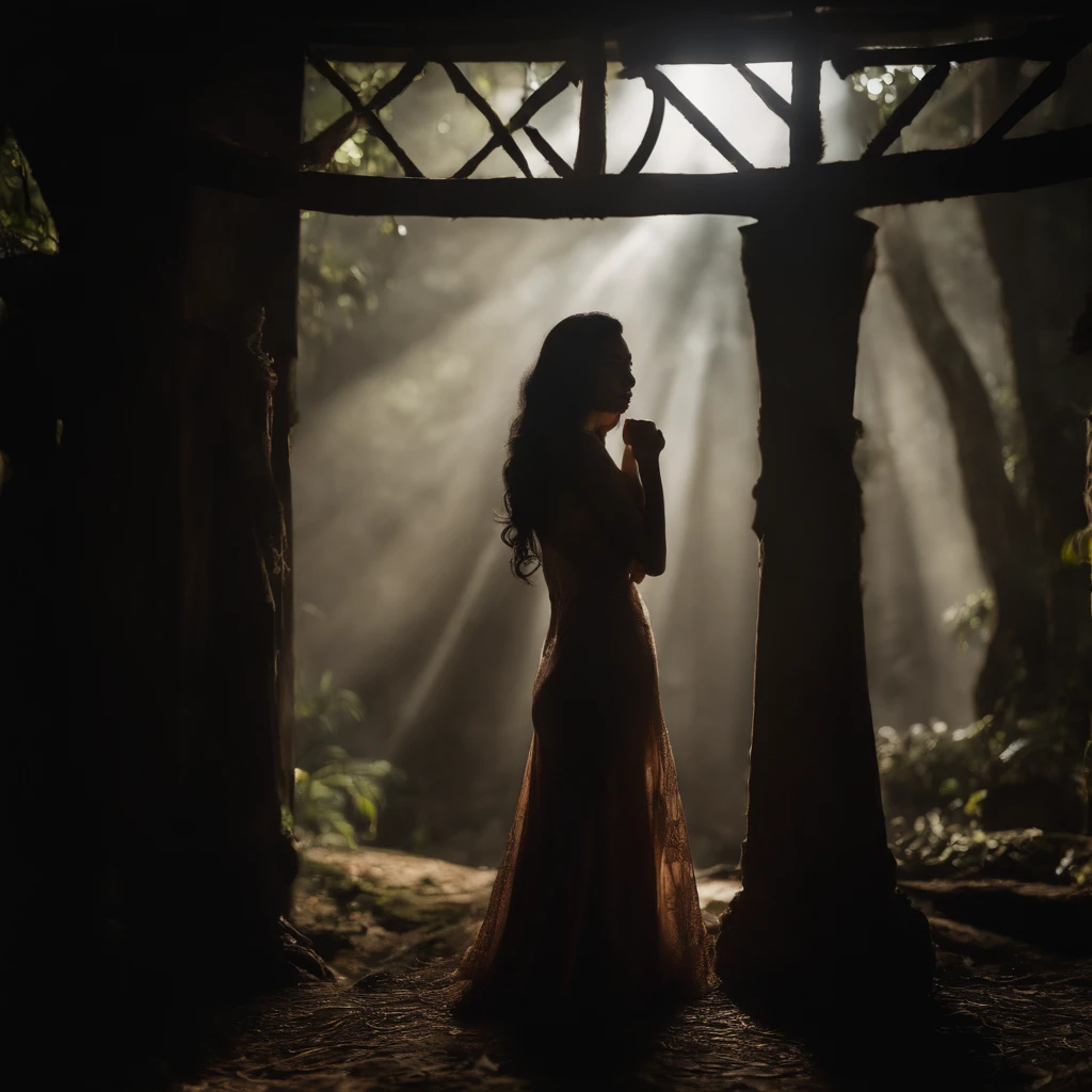 Corridor in an old monastery, dim light from the stained-glass windows, mysterious atmosphere, a beautiful, exposed- (in the buff)- (in her birthday suit)-stripped-unclothed-uncovered-undressed- (with-nothing on), woman, dressed in primitive tribal African clothes, running to the camera with burning candle through the hallway. ghosts all around her floating through the hallway.