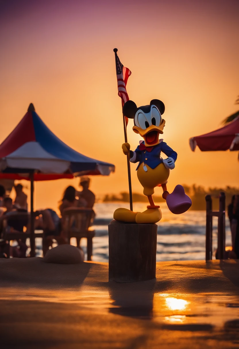 Por favor, create a painting of Donald Duck proudly holding an American flag by the beach. In this particular art style, The setting is inspired by the atmosphere of an amusement park. The illumination represents the sunset, With shades of orange and purple painting the sky. Donald Duck expresses his characteristic personality with joy and pride. Ademais, na cena, Include the silhouette of an amusement park in the background, providing a sense of celebration and excitement."