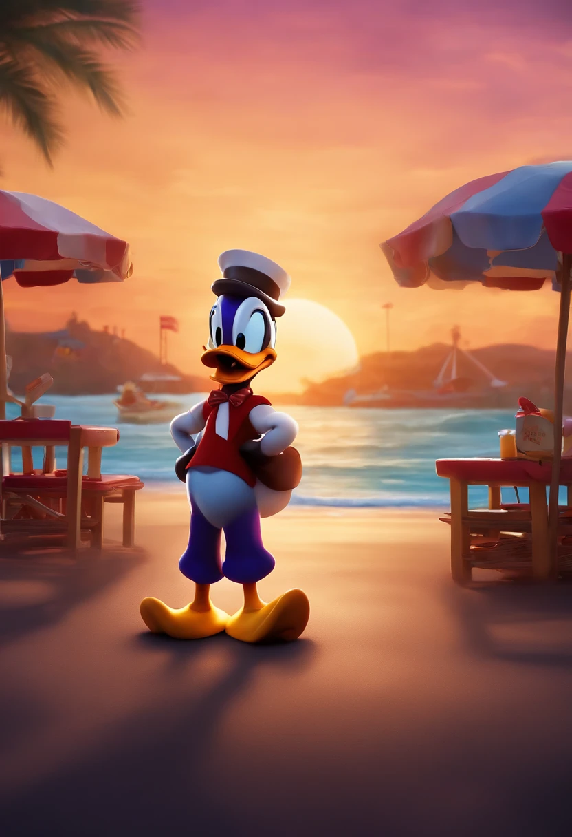 Por favor, create a painting of Donald Duck proudly holding an American flag by the beach. In this particular art style, The setting is inspired by the atmosphere of an amusement park. The illumination represents the sunset, With shades of orange and purple painting the sky. Donald Duck expresses his characteristic personality with joy and pride. Ademais, na cena, Include the silhouette of an amusement park in the background, providing a sense of celebration and excitement."