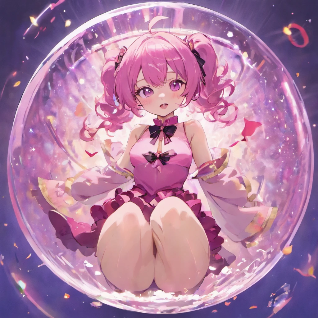 Masterpiece, best quality, super detailed, illustration, medium view, beautiful detailed eyes, ((far view, wide angle 1.31)), (glass jar:1.15),(girl in jar:1.35):(sitting girl), white hair, pink bow, sexy, facing face, big breasts, cleavage, big breasts, blushing, masturbation, Grab your own breasts, Spread your legs, bare legs, Raise your legs, underboob, visible bellybutton, pink hair, bow, purple bow