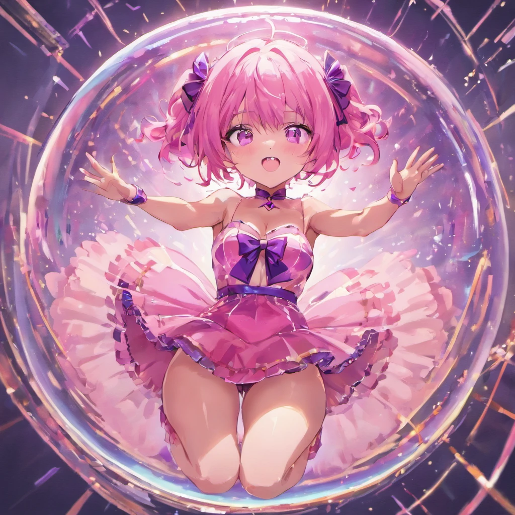 Masterpiece, best quality, super detailed, illustration, medium view, beautiful detailed eyes, ((far view, wide angle 1.31)), (glass jar:1.15),(girl in jar:1.35):(sitting girl), white hair, pink bow, sexy, facing face, big breasts, cleavage, big breasts, blushing, masturbation, Grab your own breasts, Spread your legs, bare legs, Raise your legs, underboob, visible bellybutton, pink hair, bow, purple bow