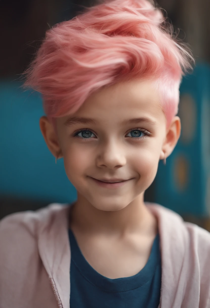 young boy, orange skin, pink hair, pink eyes, topknot, straight hair, shaved hair on the sides, blue shirt, fake smile