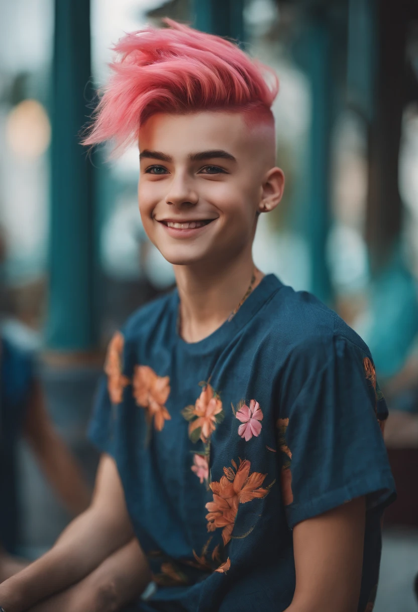 young boy, orange skin, pink hair, pink eyes, topknot, straight hair, shaved hair on the sides, blue shirt, fake smile