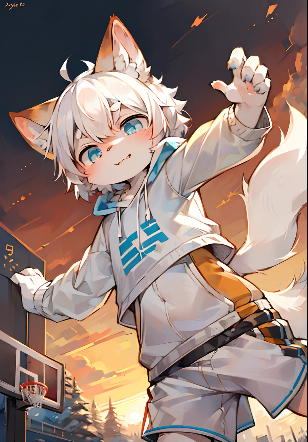 ambiente dark:0.8),Masterpiece,High quality,abstract res,Digital painting\(artwork of a\), by Dagasi, Yupa,Kiyosan,(anthro,Fluffy fur,Character focus:1.1),anthro male cat,Short hair,Portrait , eyes with brightness, in a panoramic view, Character focus.(detailedbackground:0.7), 独奏, shaggy, shaggy male, malefocus, anthr,(White fur all over, basketball ball,White sweatshirt,White sports shorts,Jumping up shooting pose,A confident expression,White cat ears,Fluffy fox tail, White fur, Light blue eyes, White hair:1.2), (long canines:1.2)exteriors,basketball playground,Sunset background,early evening,Orange sky