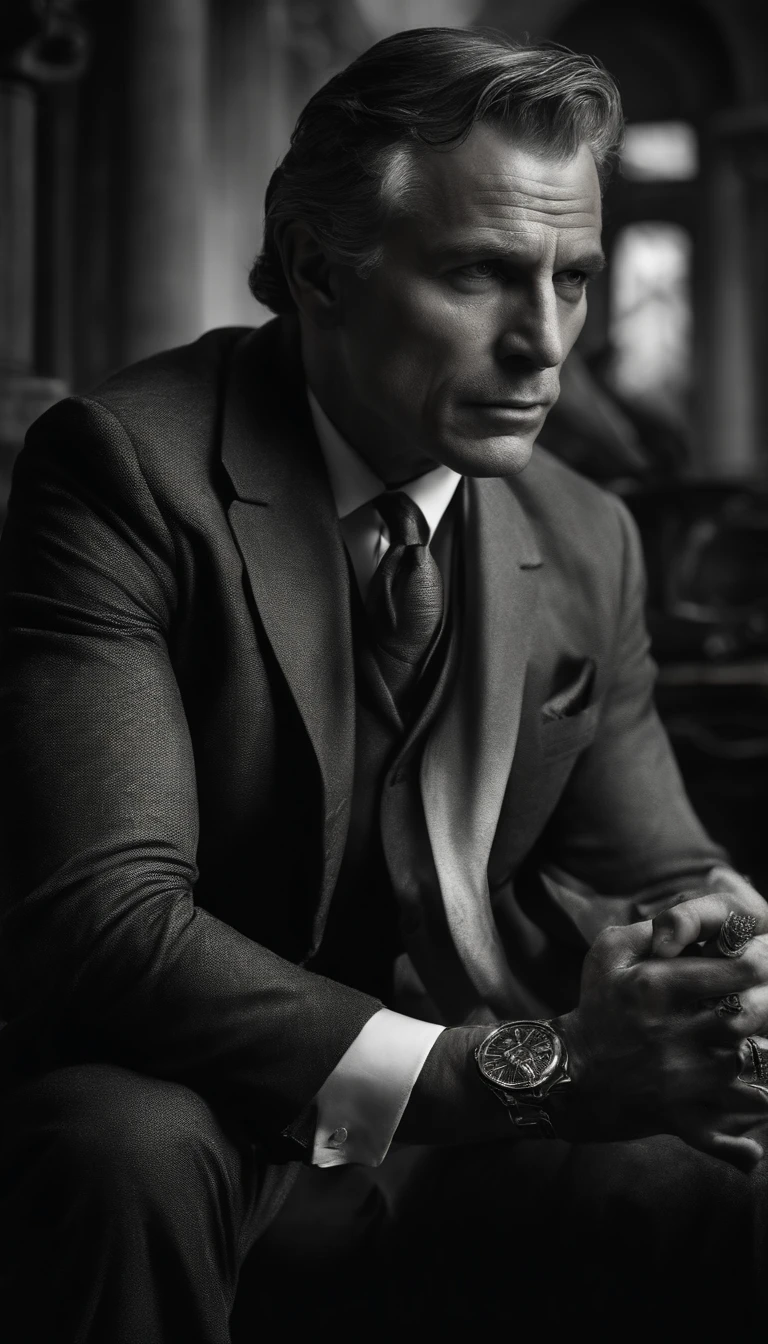 L'homme qui combat l'argent, very realistic, dramatic lighting, expression intense, Determined eyes, Tenez les poings, de la sueur coulant sur son visage, Wrinkled Suit, Broken Chains, Ruined dollar bills, Graphique boursier en ruine, Smoke rises in the background, black and white with a touch of gold, realism. (Best quality, high resolucion, Ultra-detailed), (Realstic:1.37), professionnel, Couleurs vives.