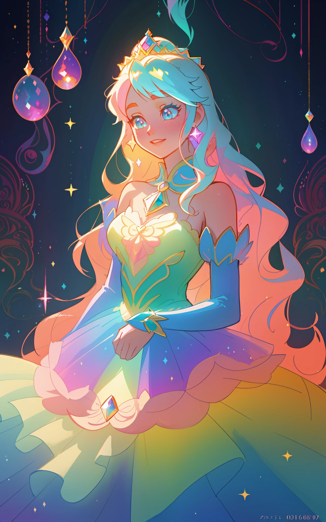 beautiful girl, puffy tiered rainbow ballgown, princess, intricate dress design, vibrant pastel colors, (colorful), long wavy hair, magical lights, sparkling magical liquid, inspired by Glen Keane, inspired by Lois van Baarle, disney art style, by Lois van Baarle, glowing aura around her, by Glen Keane, jen bartel, glowing lights! digital painting, flowing glowing hair, glowing flowing hair, beautiful digital illustration, fantasia background, whimsical, magical, fantasy, ((masterpiece, best quality)), intricate details, highly detailed, sharp focus, 8k resolution, sparkling detailed eyes, liquid watercolor